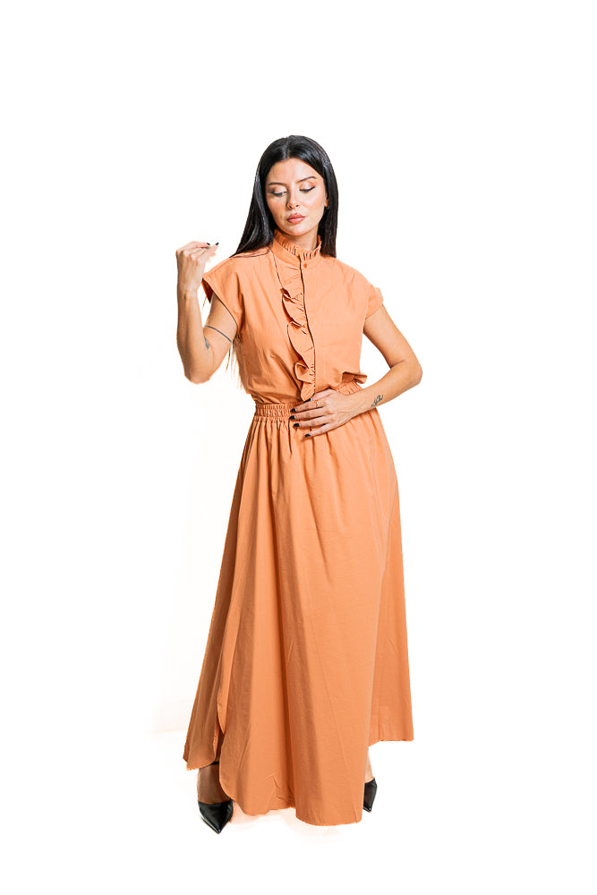 Orange Two-Piece Set of Ruffled Shirt and Slit Skirt by The Embroidered Corner
