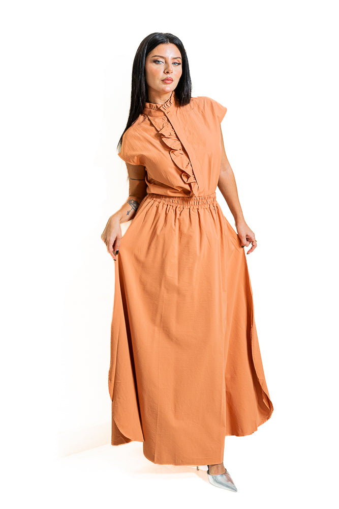 Orange Two-Piece Set of Ruffled Shirt and Slit Skirt by The Embroidered Corner