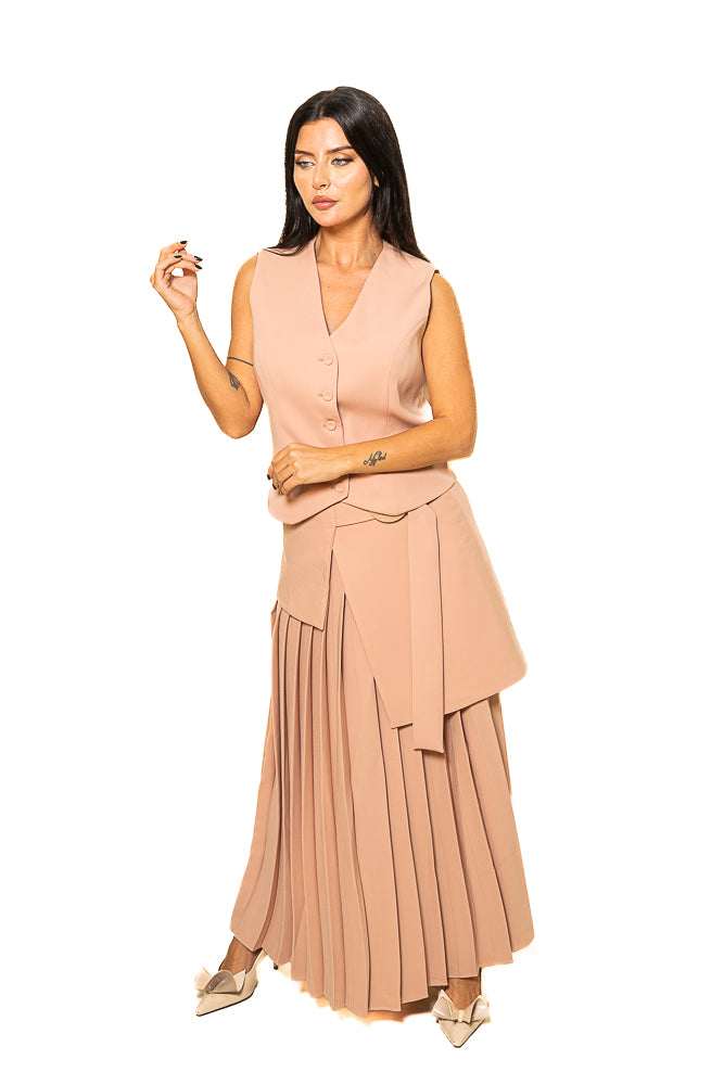 Beige Two-Piece Set of Vest Jacket and Pleated Skirt by The Embroidered Corner