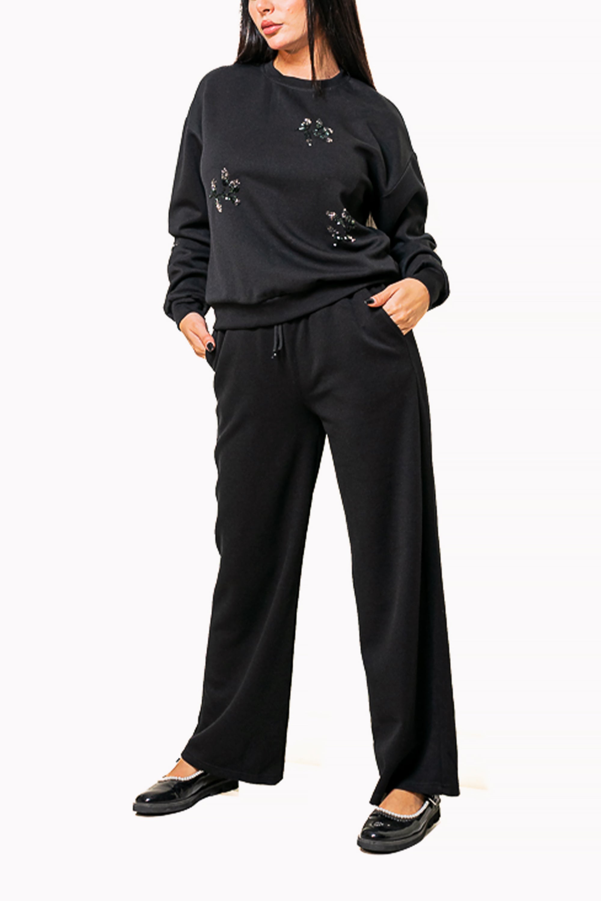 Black Two-Piece Set of Sweatshirt and Wide-Leg Pants by The Embroidered Corner