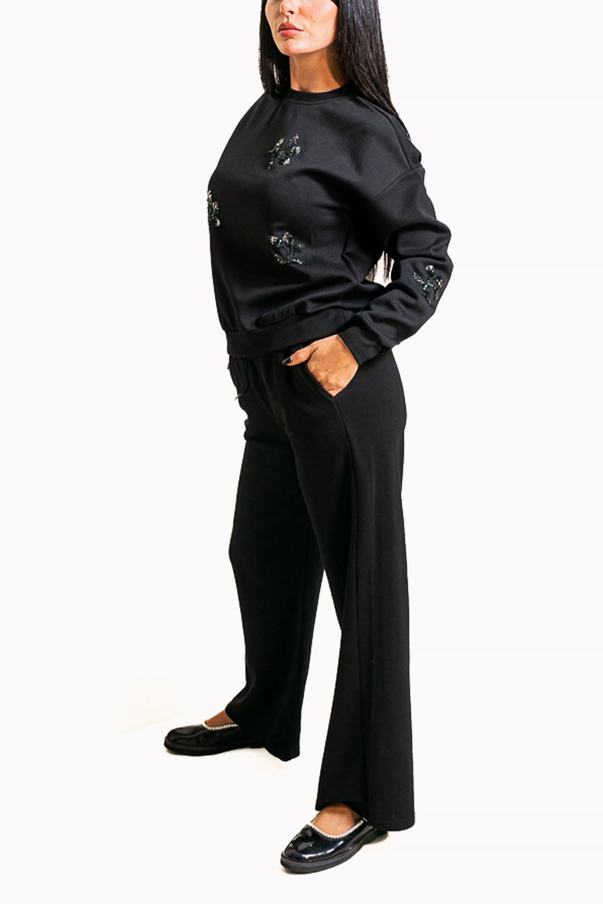 Black Two-Piece Set of Sweatshirt and Wide-Leg Pants by The Embroidered Corner