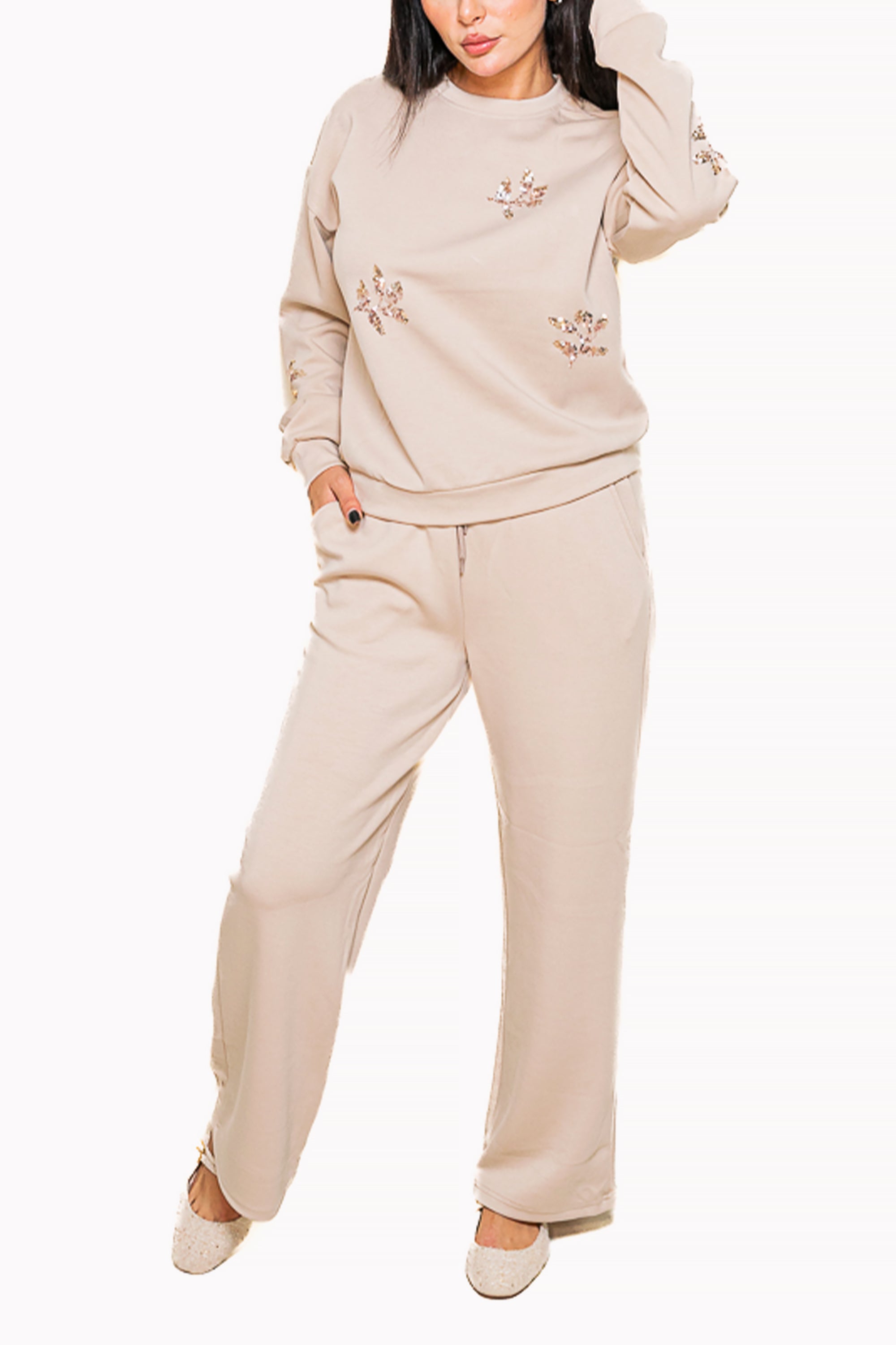 Beige Two-Piece Set of Sweatshirt and Wide-Leg Pants by The Embroidered Corner