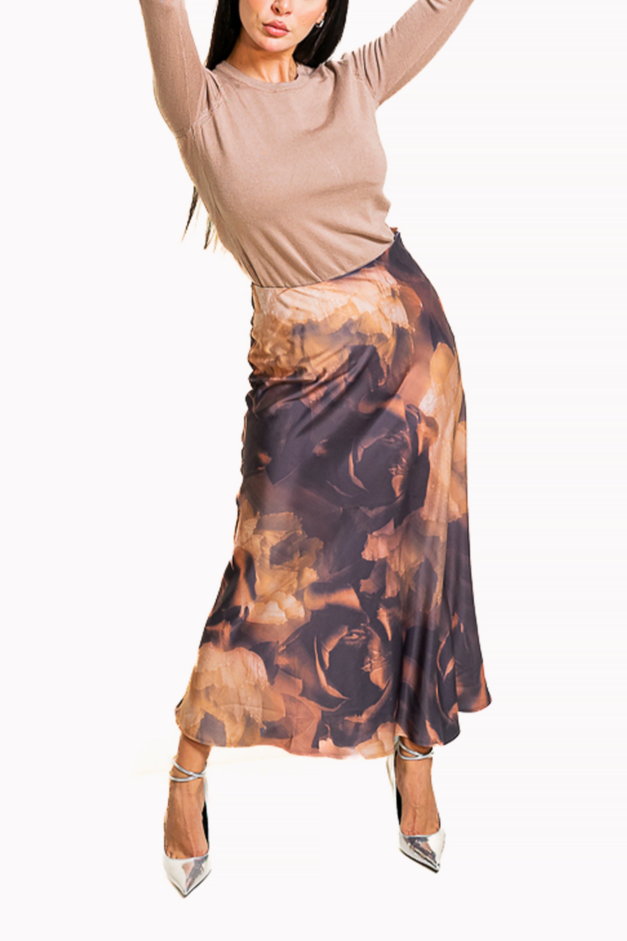 Beige Two-Piece Set of Top and Printed Midi Skirt by The Embroidered Corner