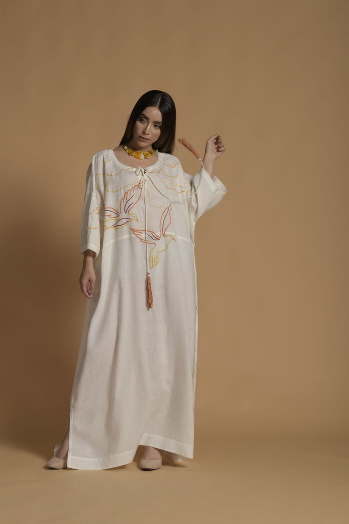 White Wadia Embroidered Long Jalabiya From Amore Mio By Hitu