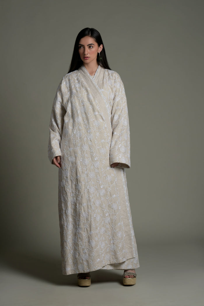 Beige Etti Embroidered Abaya From Amore Mio By Hitu