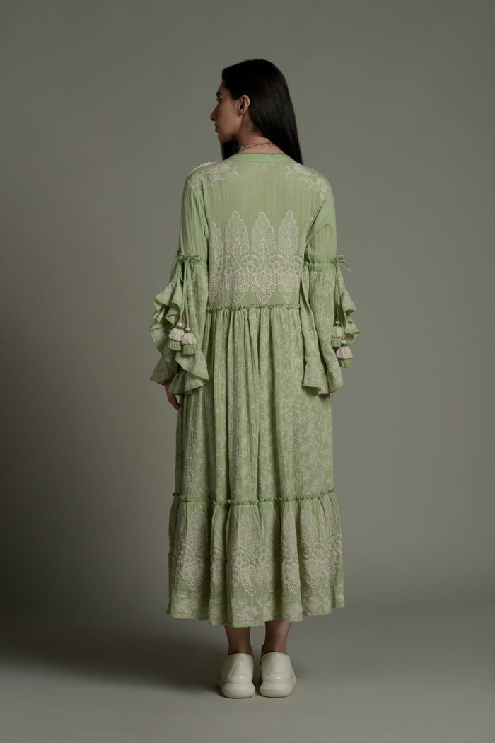 Green Muzaira Embroidered Long Jalabiya & Tassel From Amore Mio By Hitu
