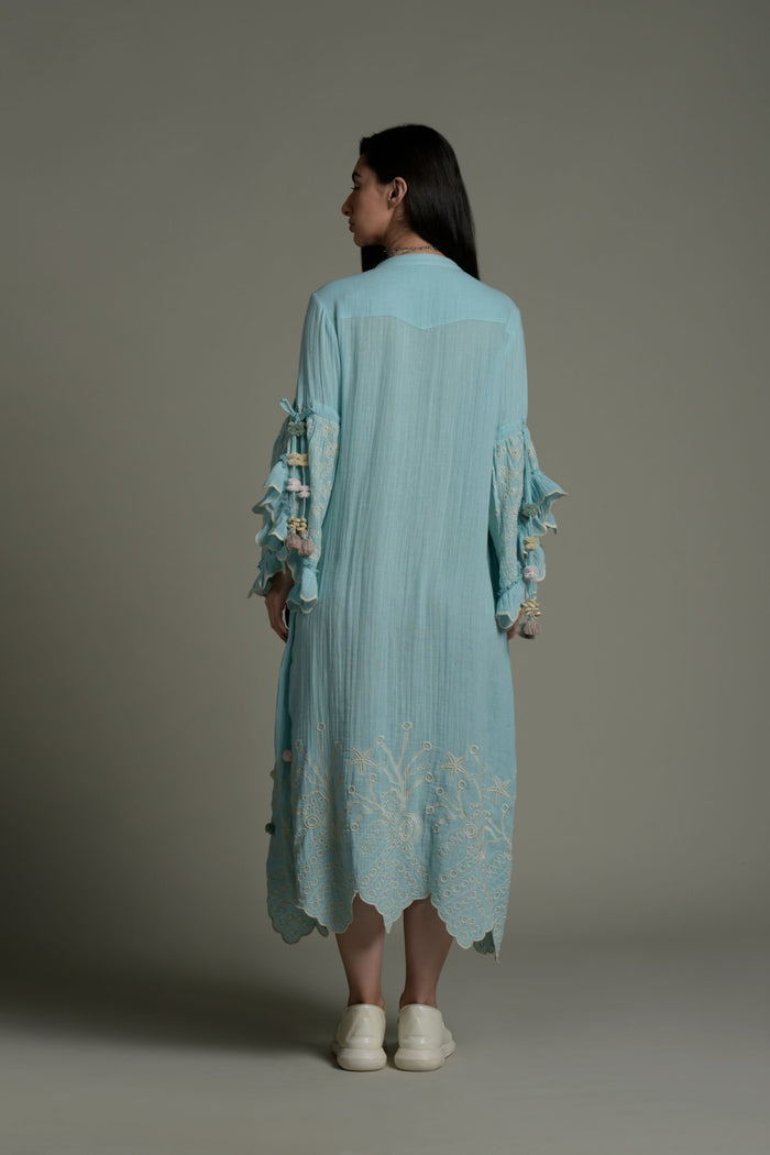 Light Blue Iqra Embroidered Long Jalabiya with Detail Handwork From Amore Mio By Hitu