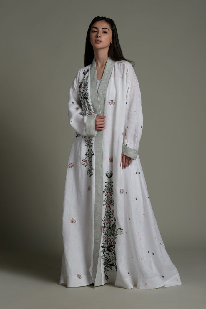 White Sarah Embroidered Abaya From Amore Mio By Hitu