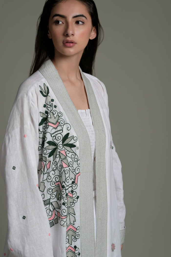White Sarah Embroidered Abaya From Amore Mio By Hitu