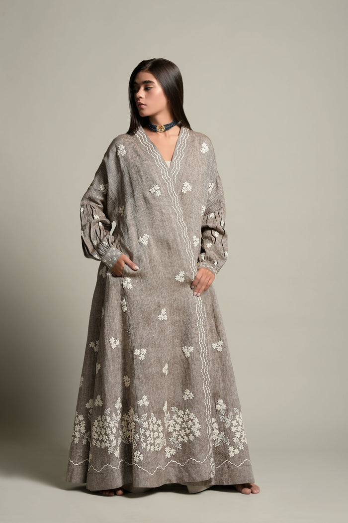 Light Brown Neha Embroidered Abaya From Amore Mio By Hitu