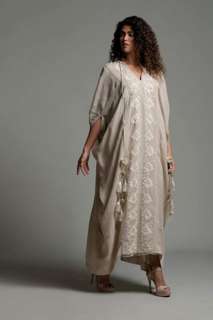 Beige Rizwana Embroidered Jalabiya with Inner Cotton Cami From Amore Mio By Hitu