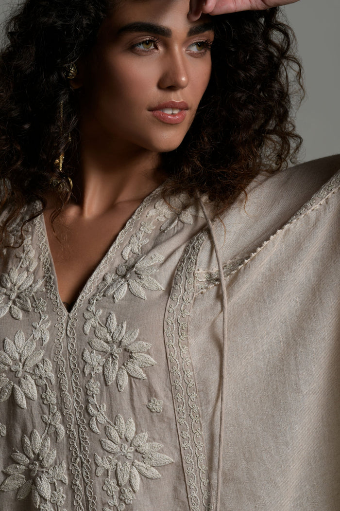 Beige Rizwana Embroidered Jalabiya with Inner Cotton Cami From Amore Mio By Hitu