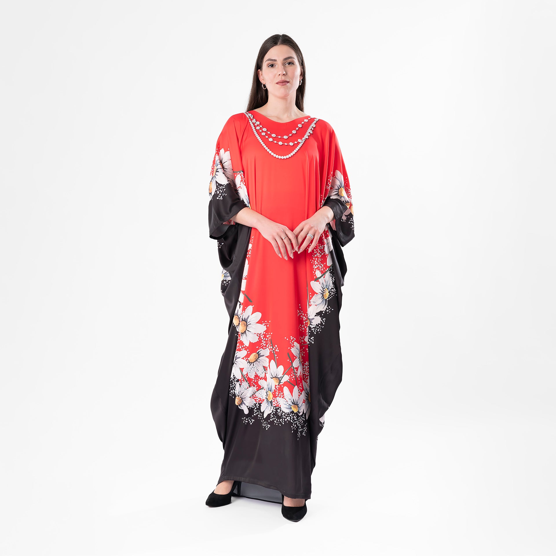 Red One Size Silk Printed Jalabiya By Houida Baridi