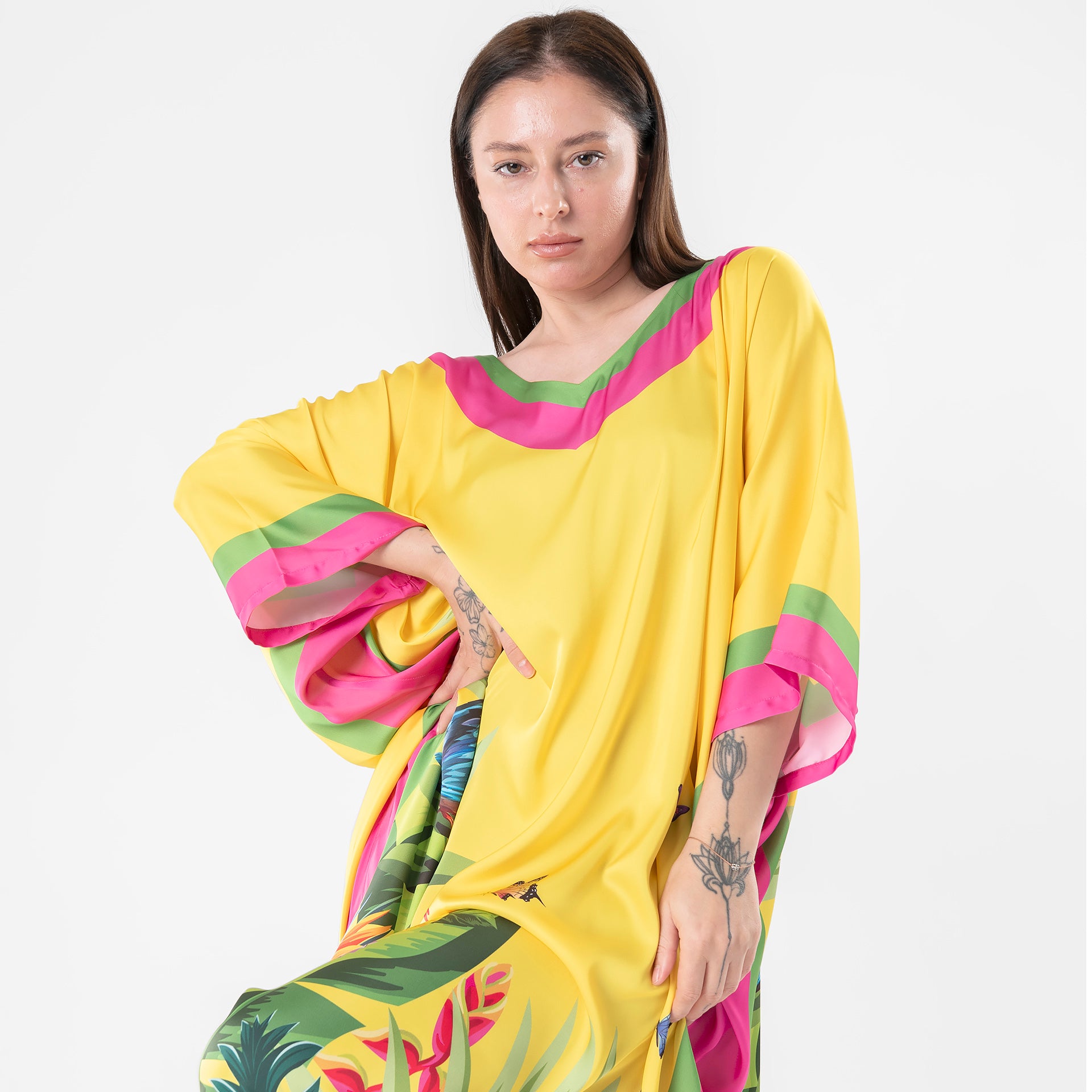 Yellow One Size Silk Printed Jalabiya By Houida Baridi