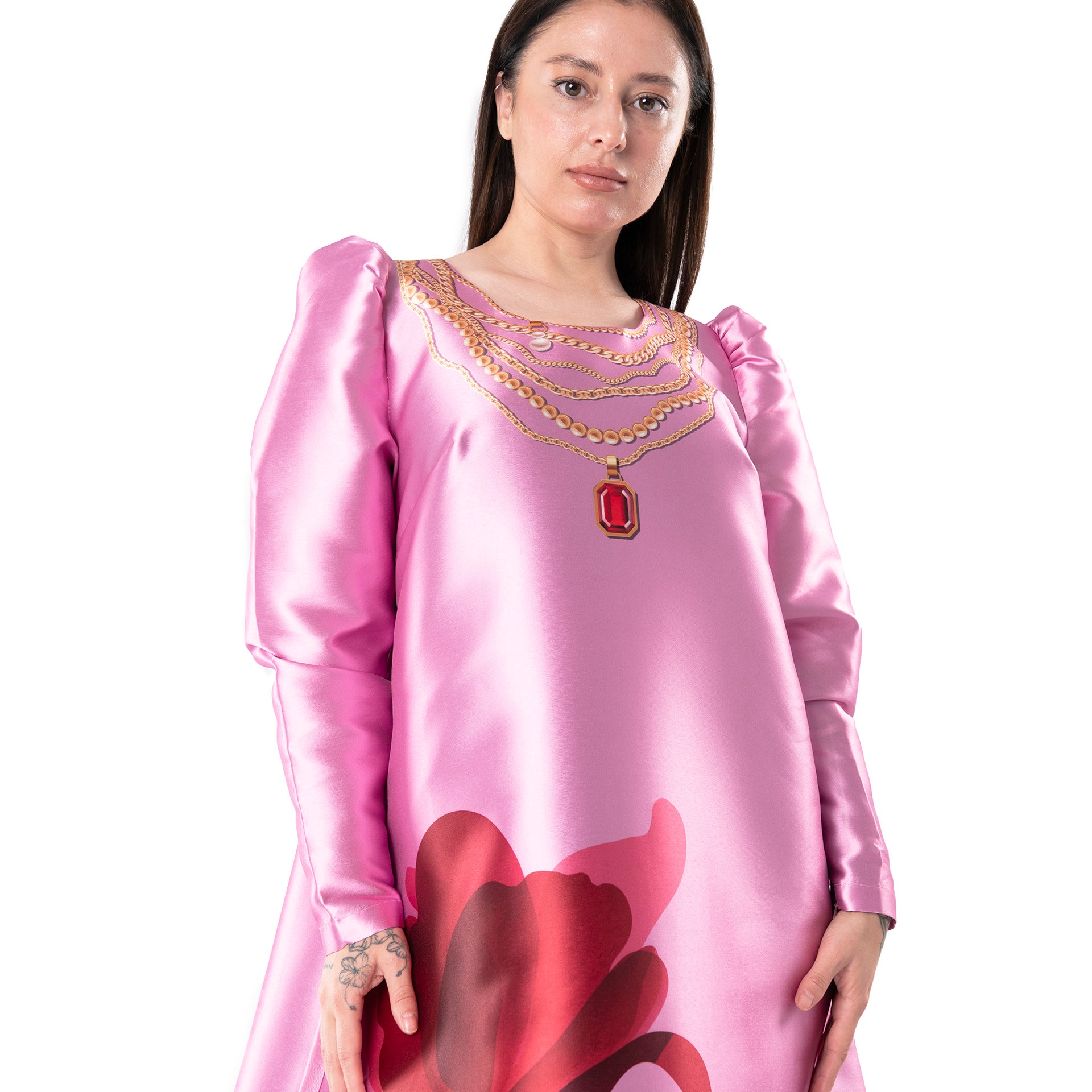 Pink Silk Printed Jalabiya By Houida Baridi