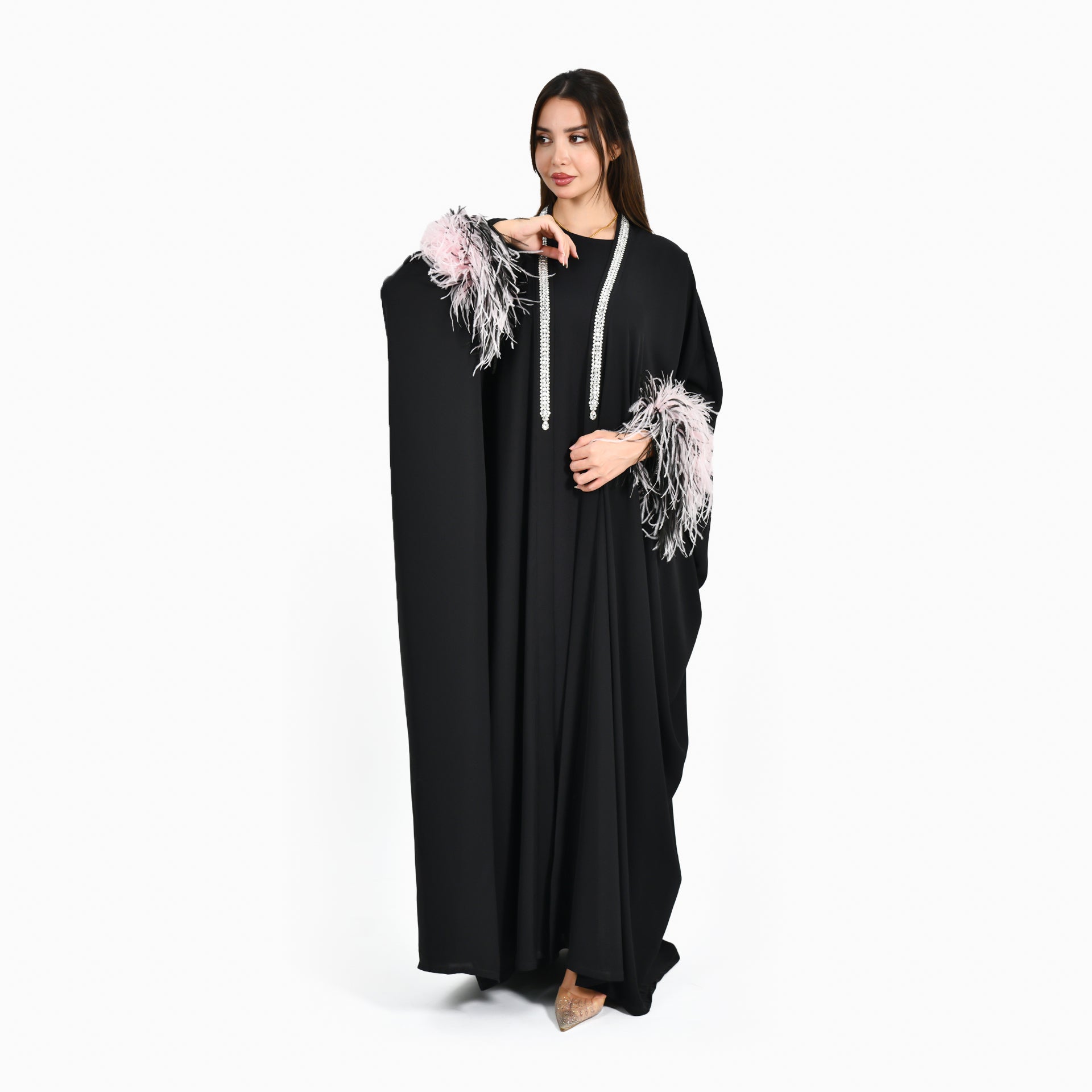 Black Feather Abaya with Inner Dress - Atelier Zuhra