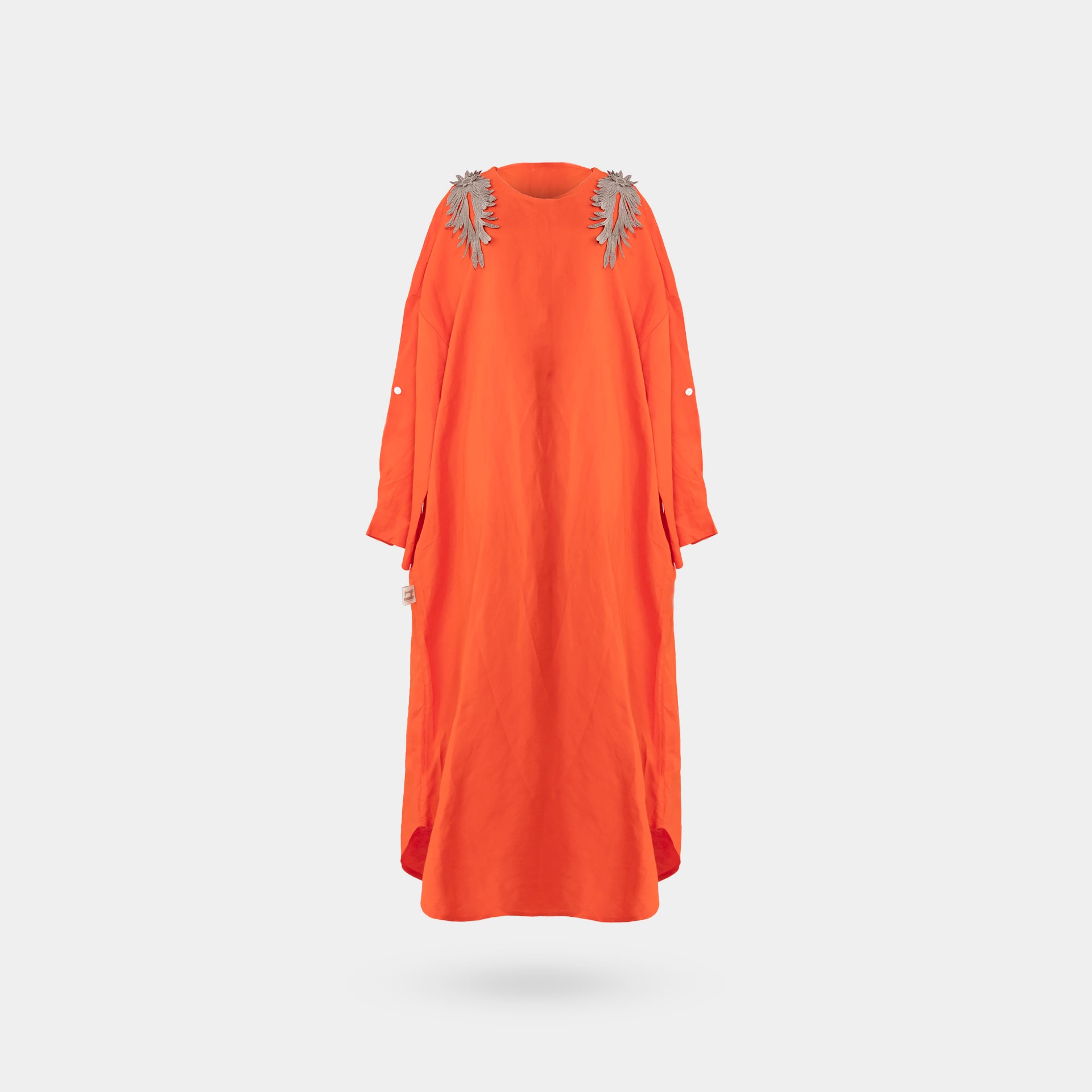 Orange Dress With Beige Flowers On The Shoulder With Long Sleeves From Darzah