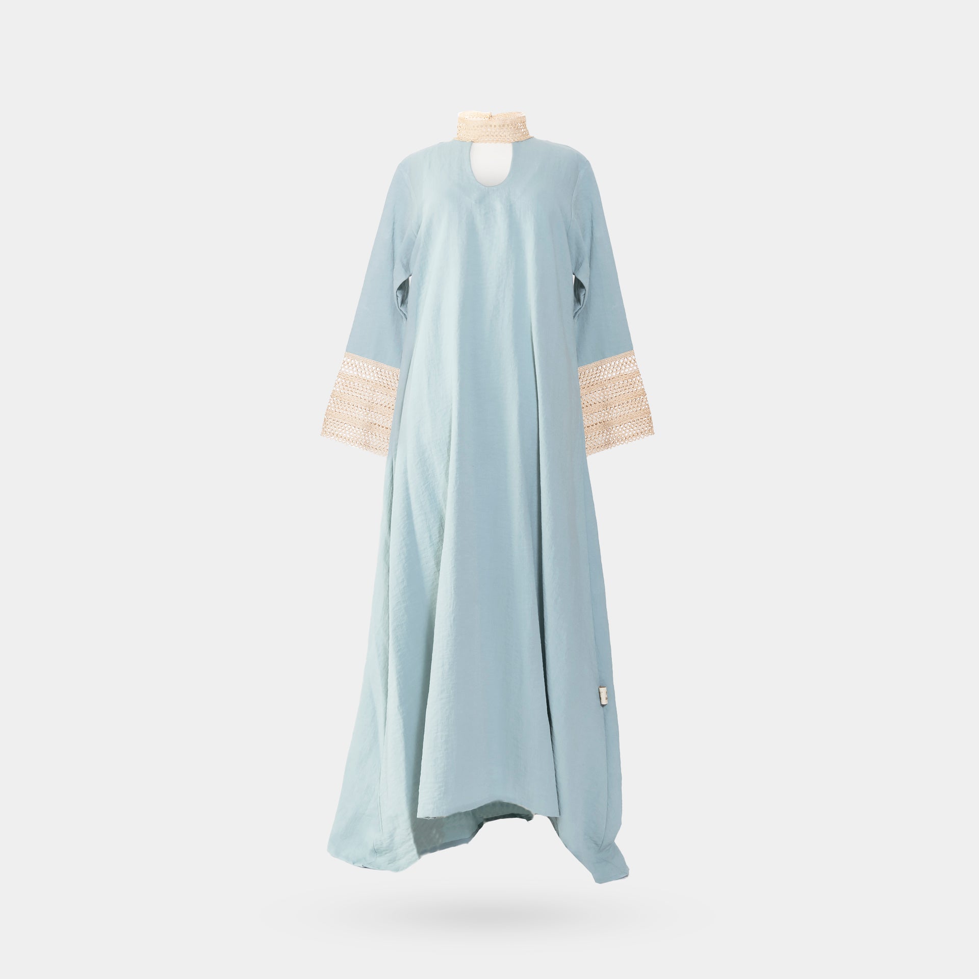 Light Blue Long Dress with Beige Embroidery on the Neck and Sleeves From Darzah