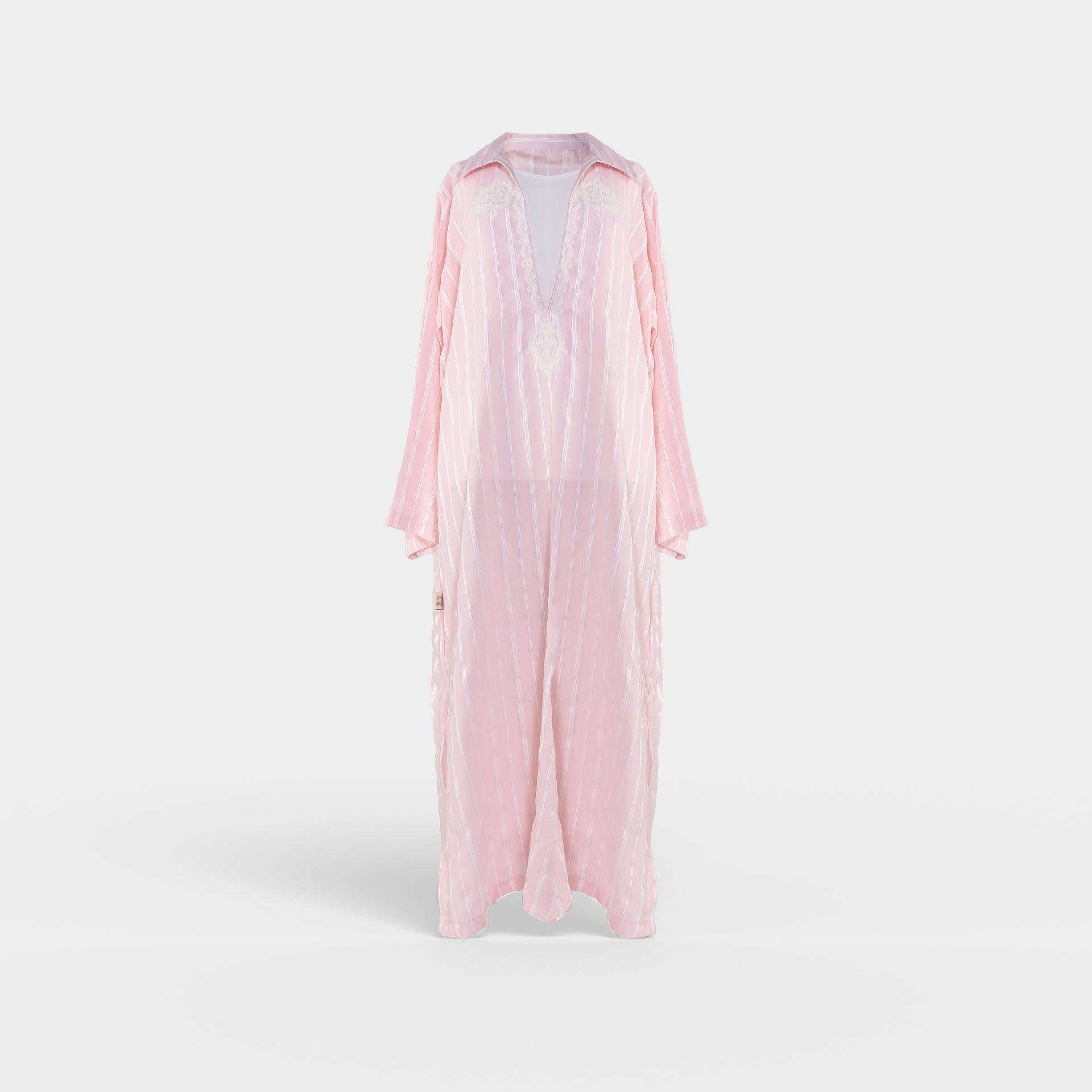Pink Abaya with a Collar And White Stripes From Darzah