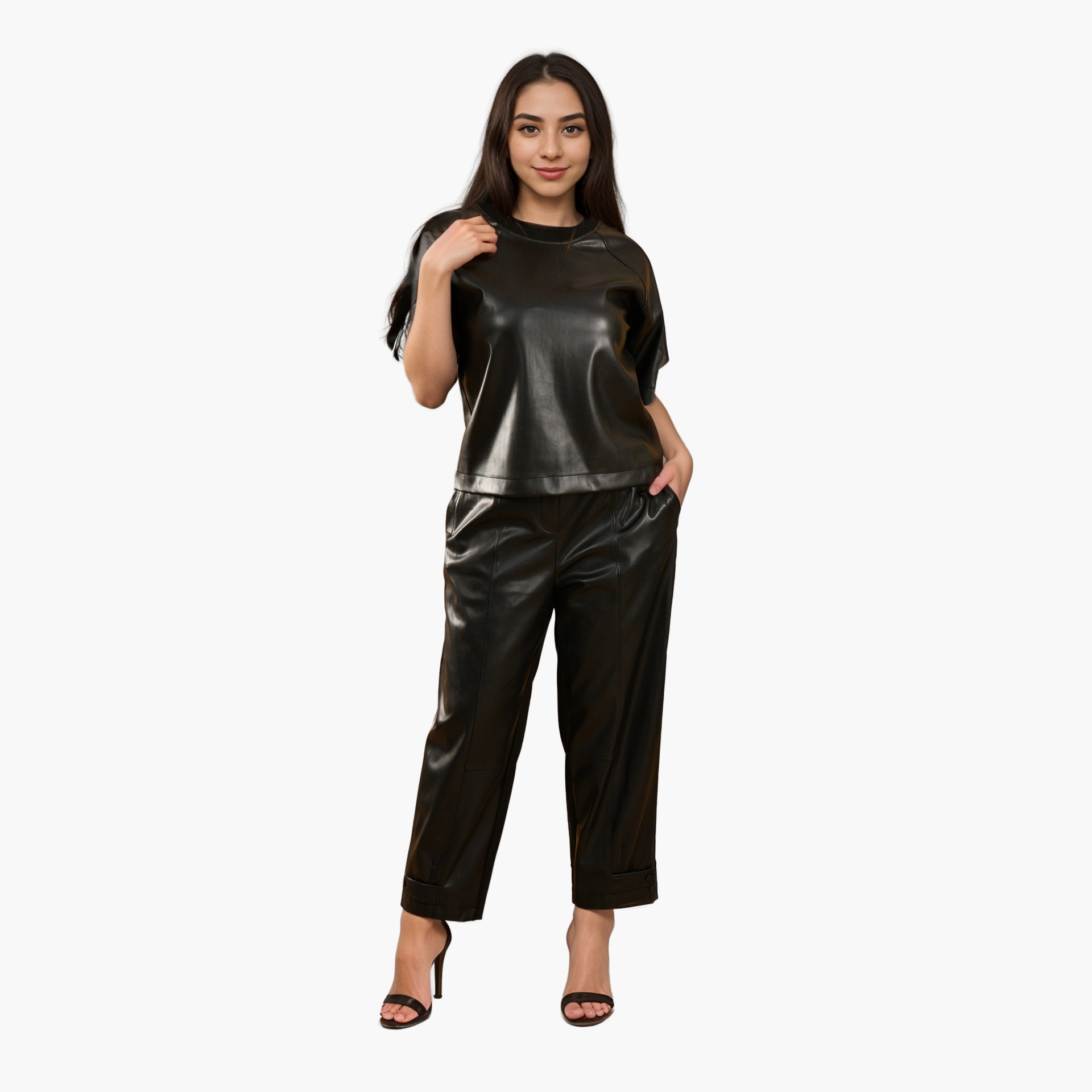 Black Faux Leather T-shirt by WECRE8