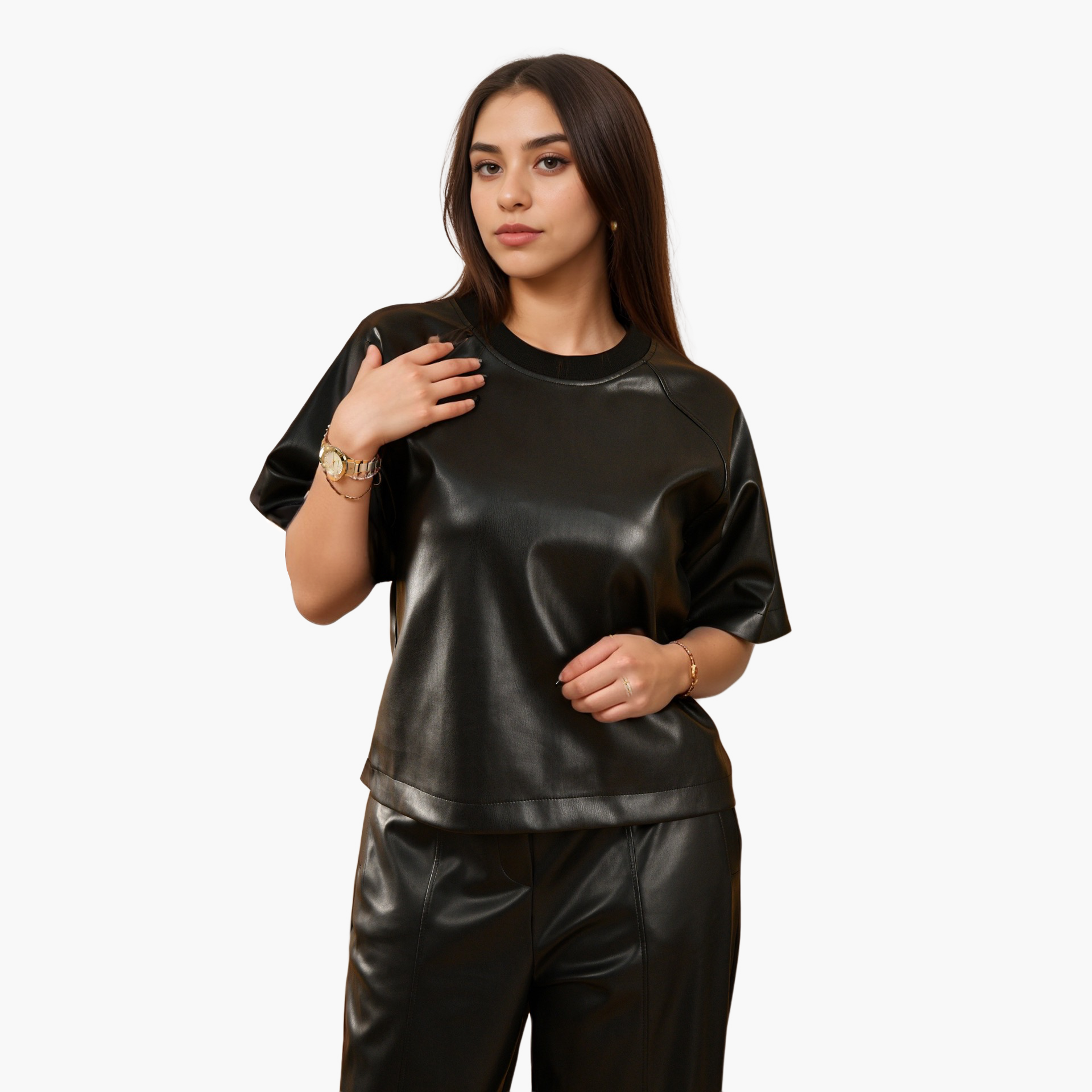 Black Faux Leather T-shirt by WECRE8