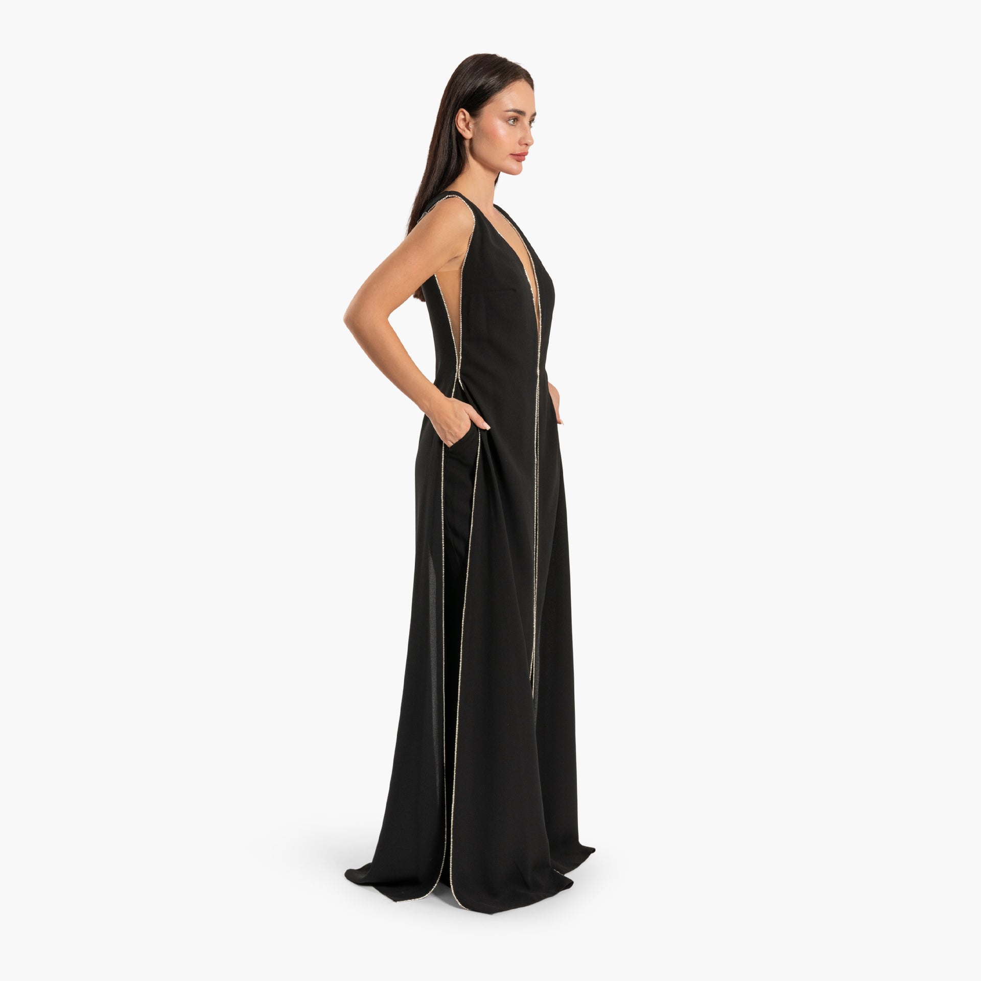 Women Black V-Neckline Jumpsuit by WECRE8