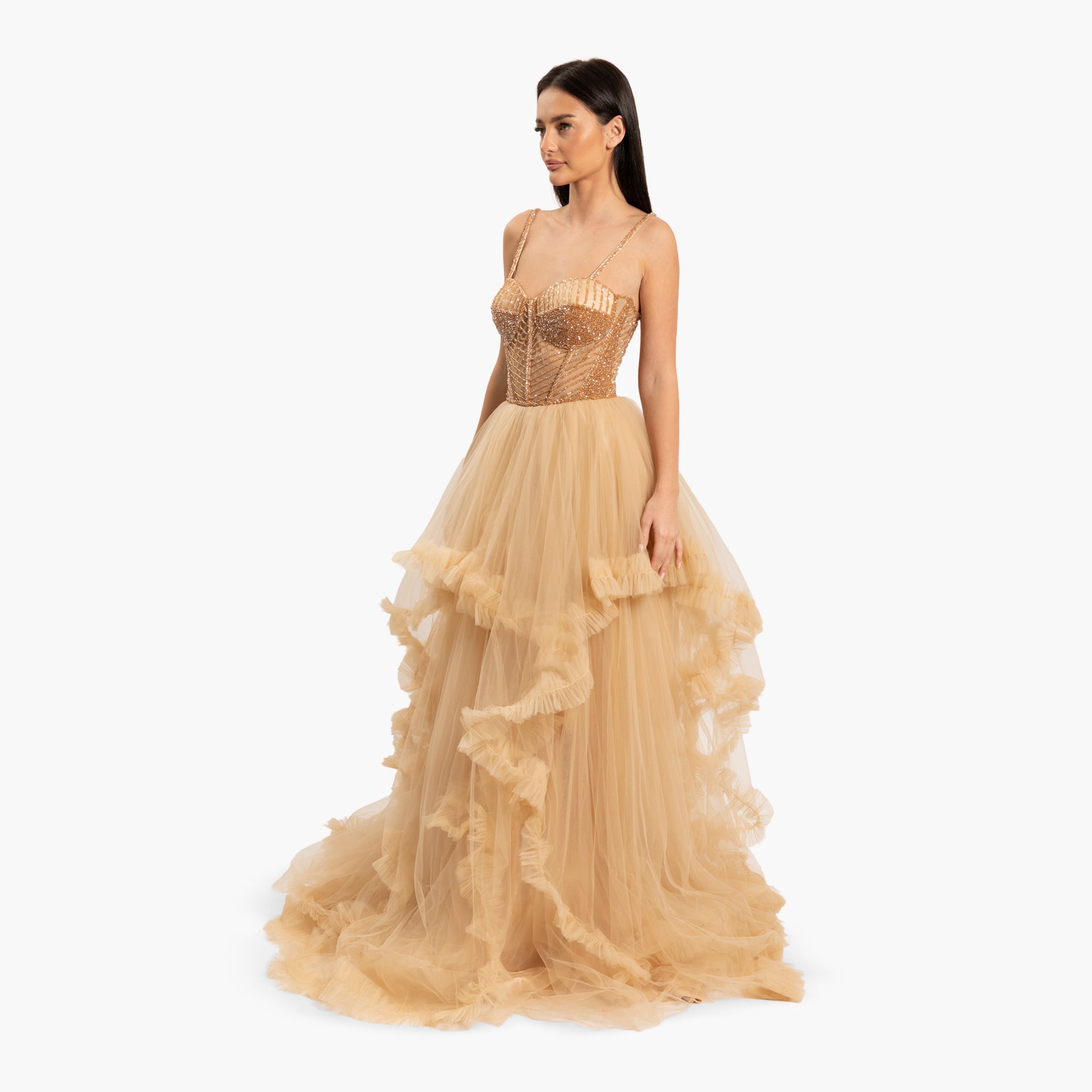 Women Beige Dress with A Ruffled Skirt By WECRE8