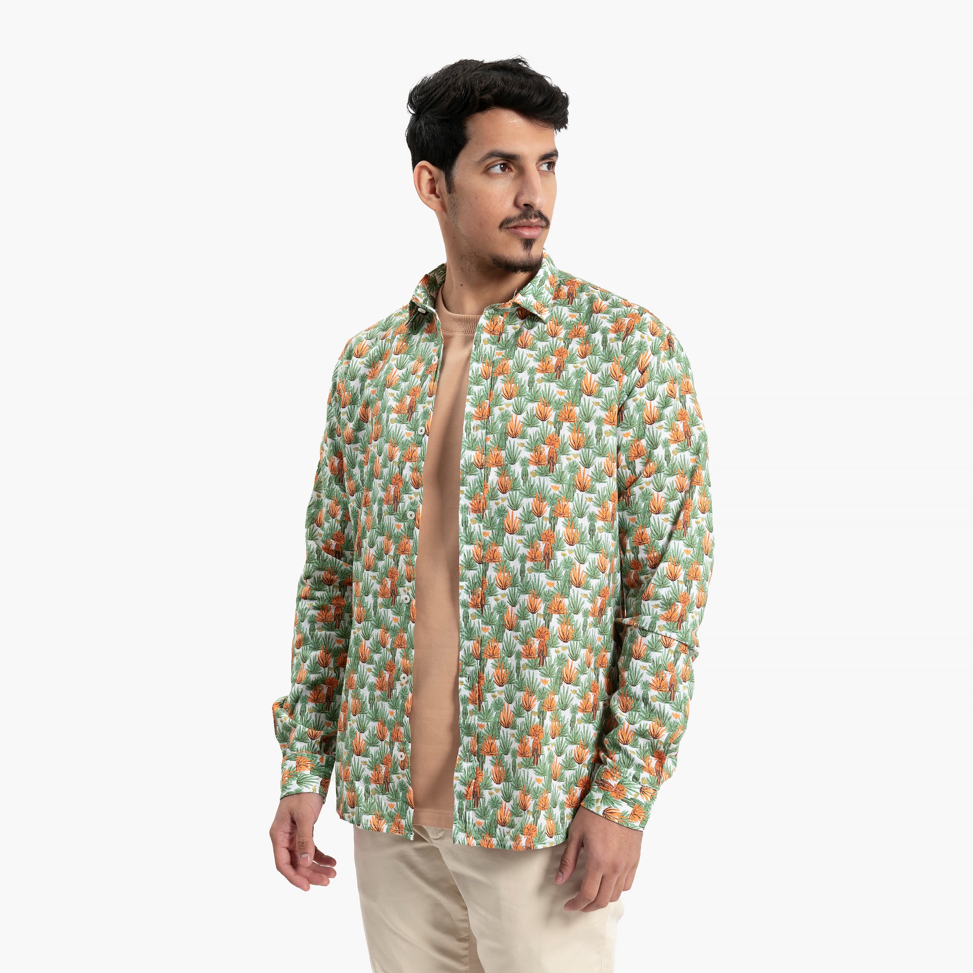 Men Green and Brown Cactus Print Shirt by WECRE8