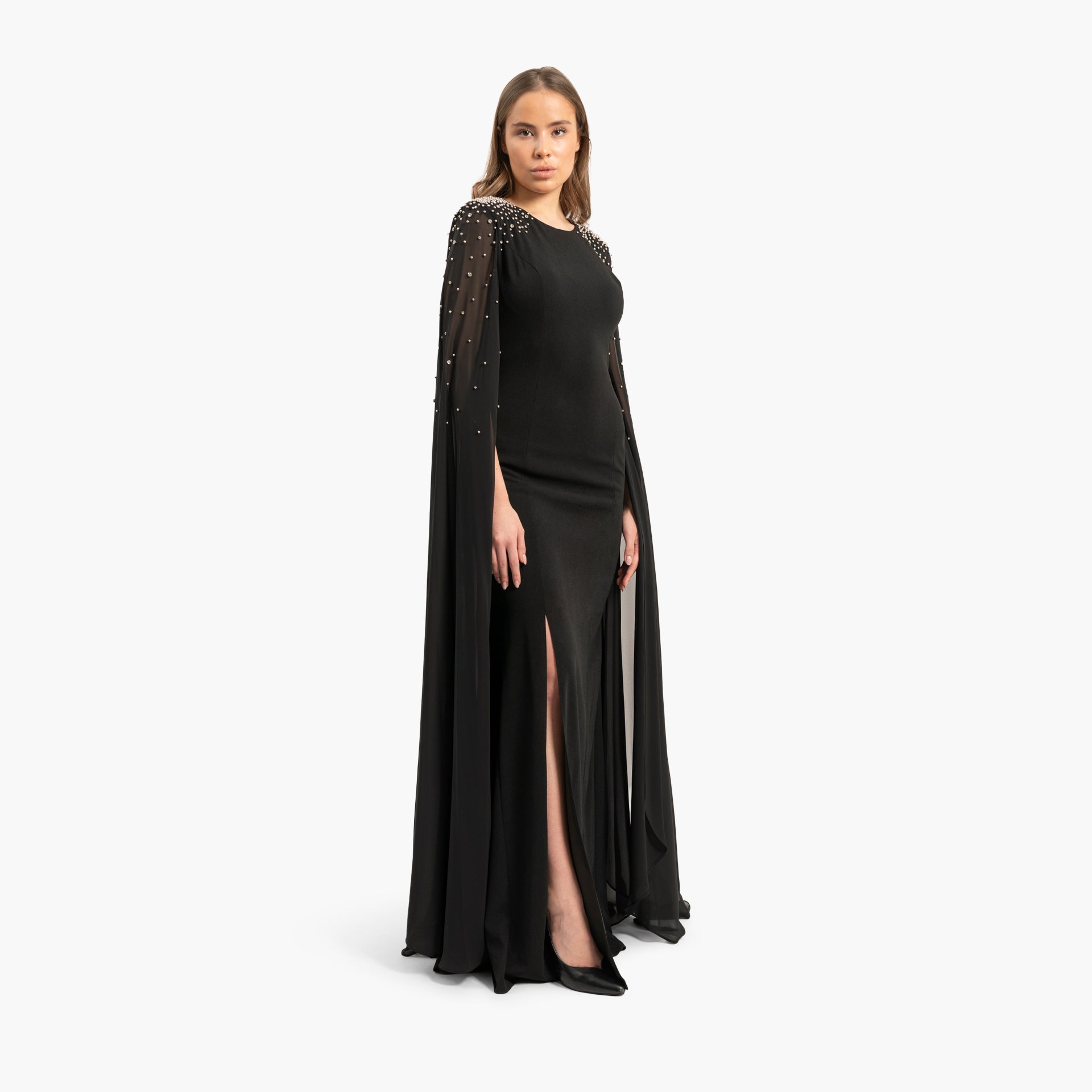 Women Delicate Black Dress with Cape Sleeves By WECRE8