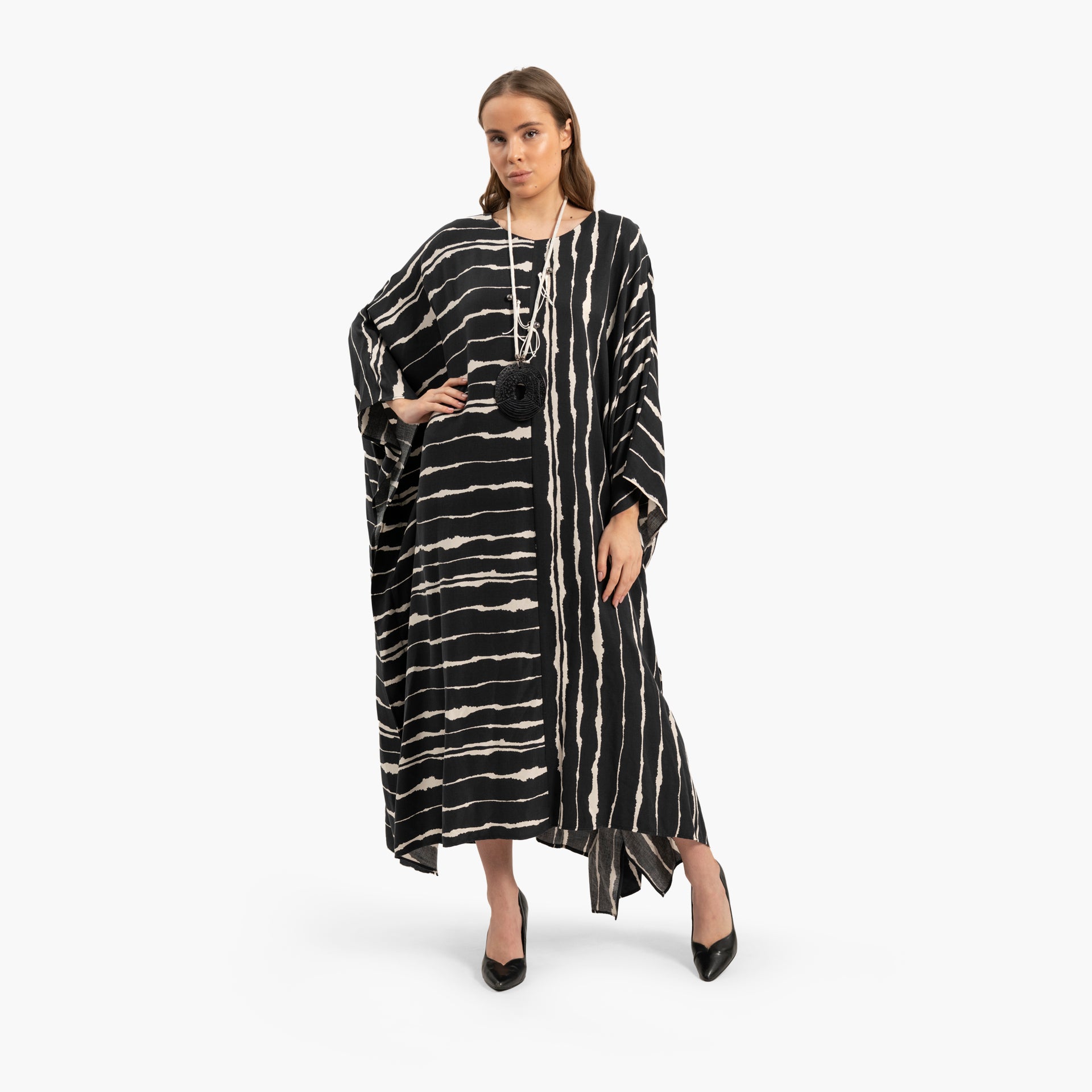 Women Black and White Strips Kaftan with Necklace By WECRE8