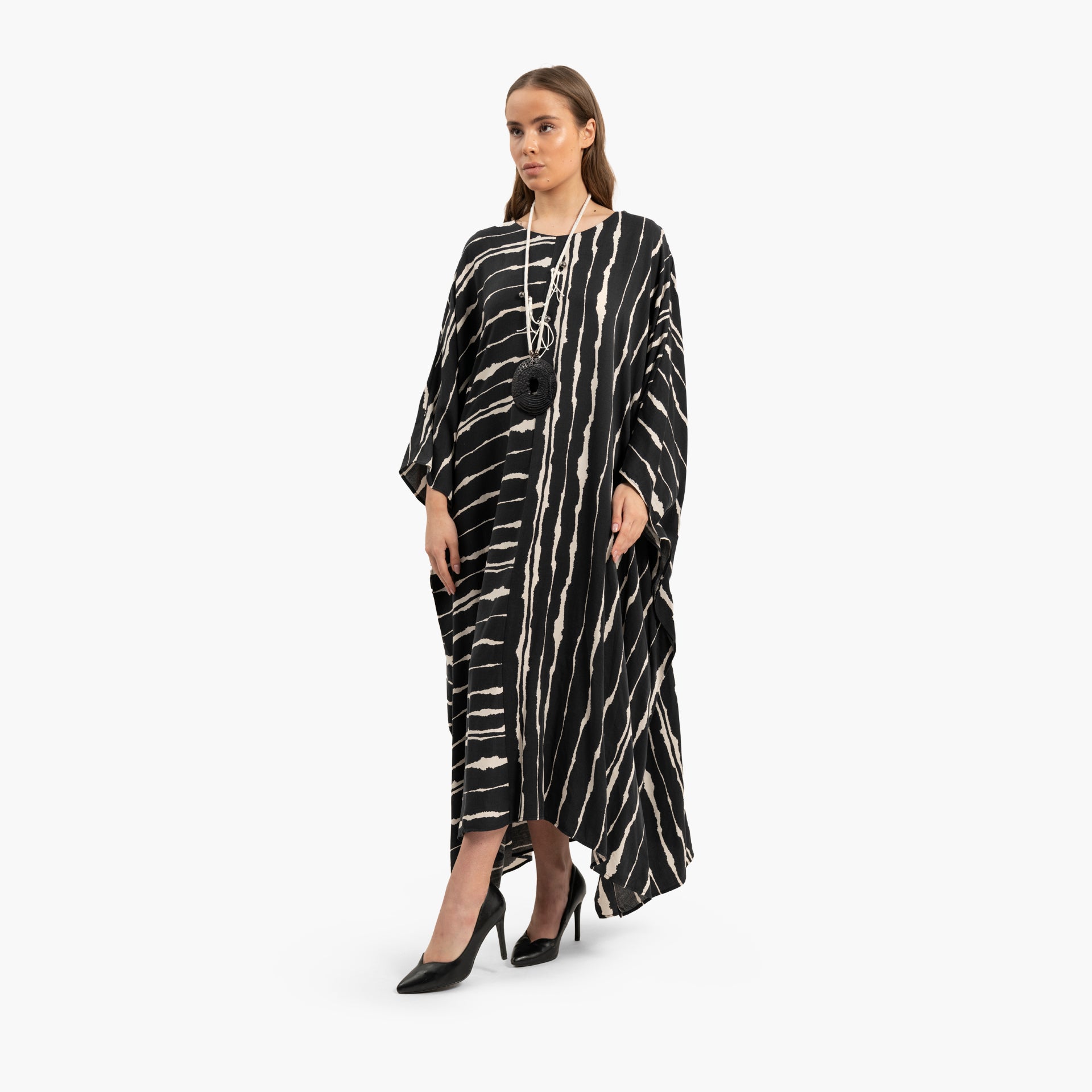 Women's Black and White Strips Kaftan with Necklace By WECRE8