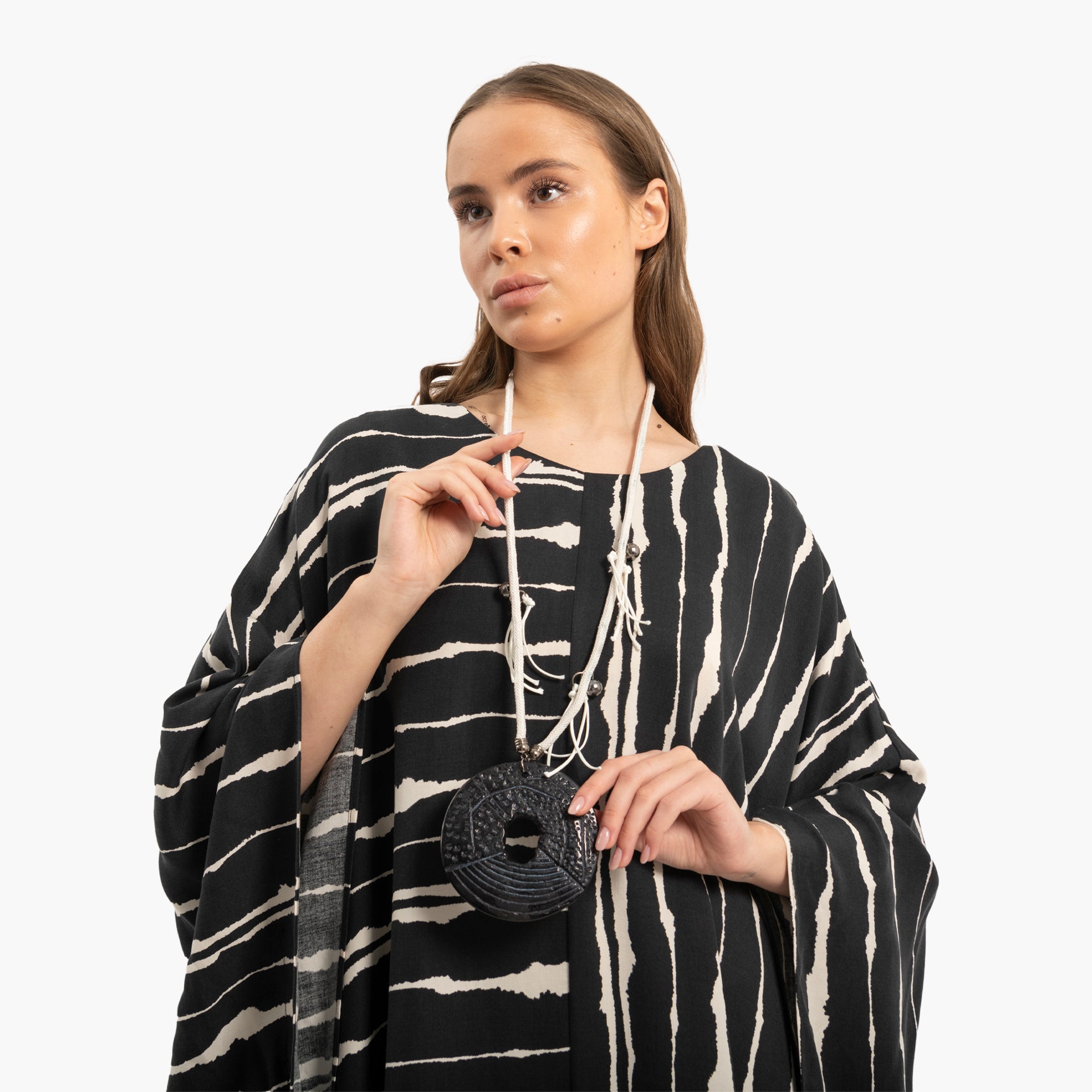 Women's Black and White Strips Kaftan with Necklace By WECRE8