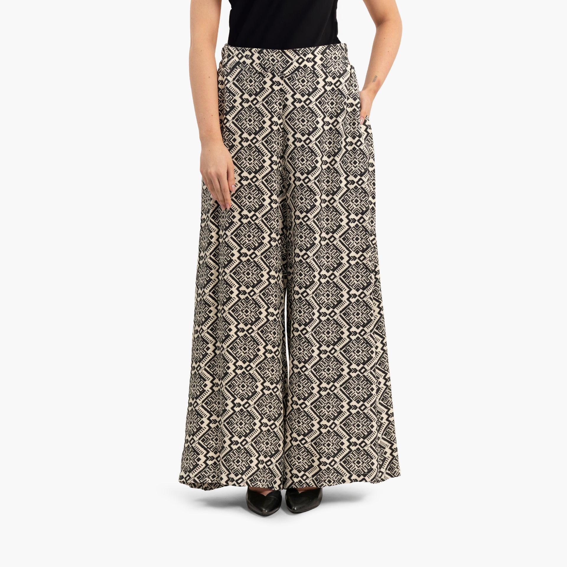 Women's Black Wide Leg Trousers with Geometric Pattern By WECRE8