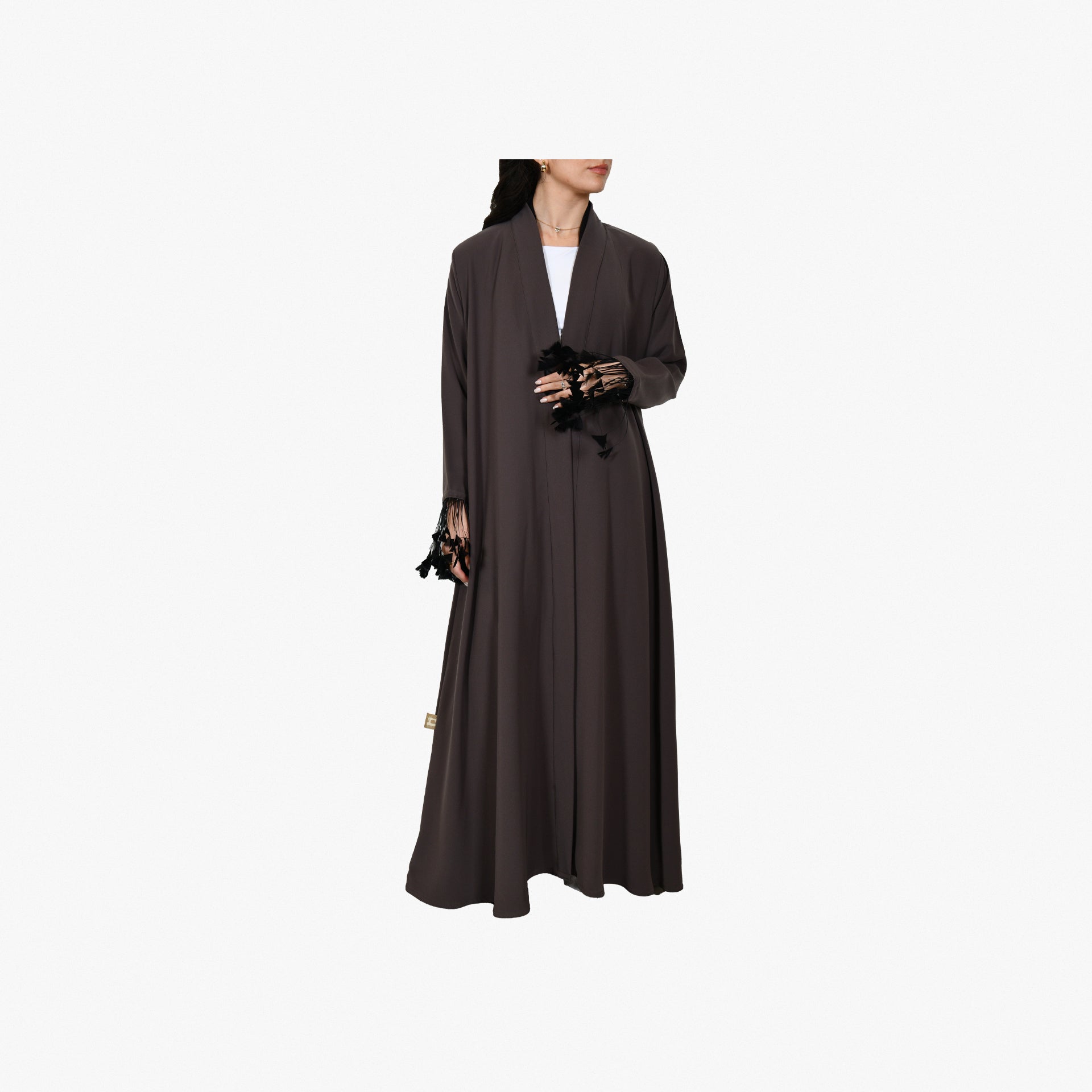 Light Brown Abaya with Black Feather Sleeve End From Darzah