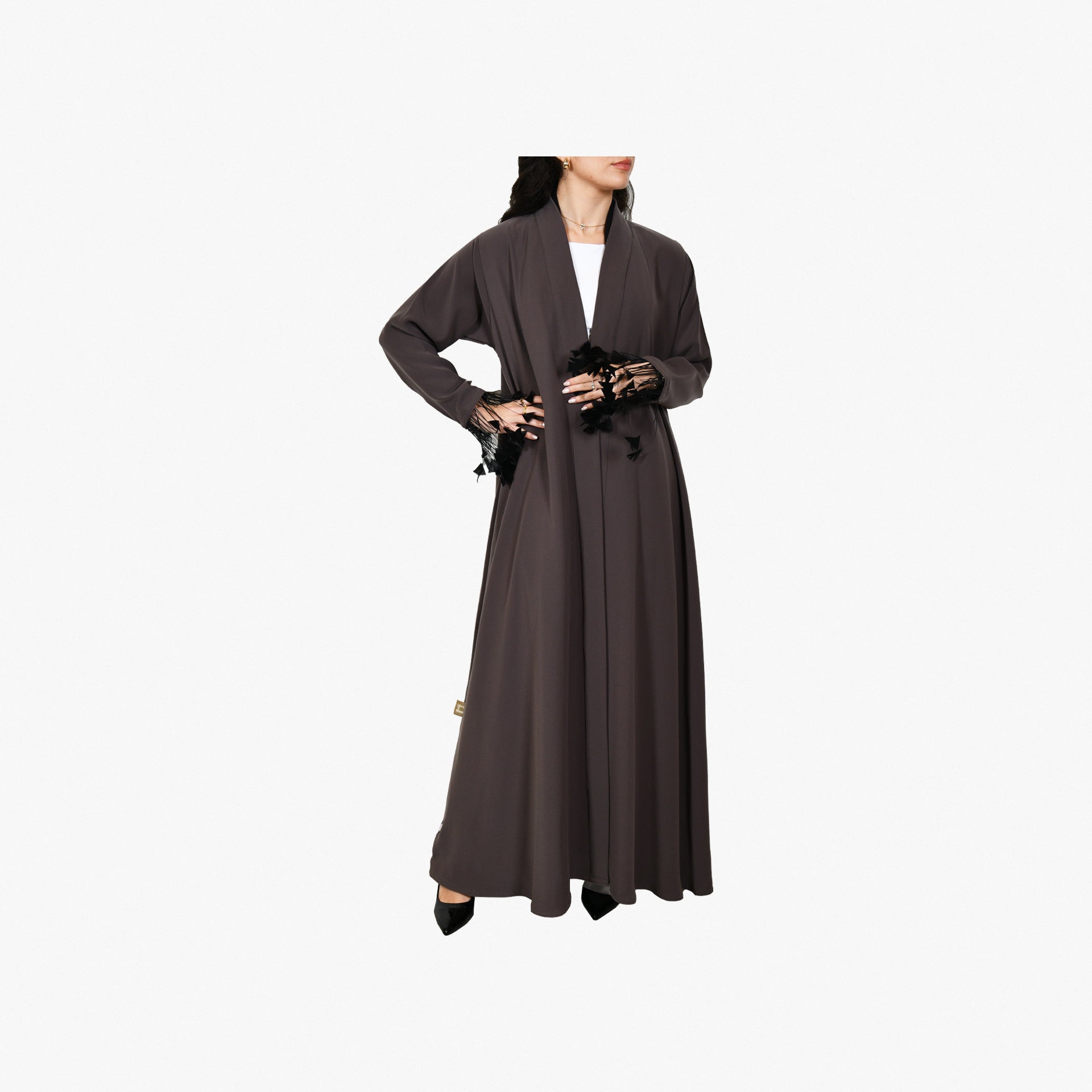 Light Brown Abaya with Black Feather Sleeve End From Darzah