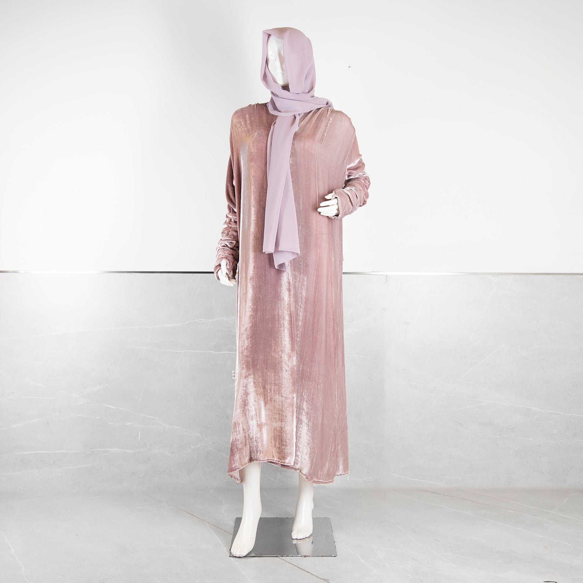 Pink Velvet Abaya With Drawstring Long sleeves From Darzah
