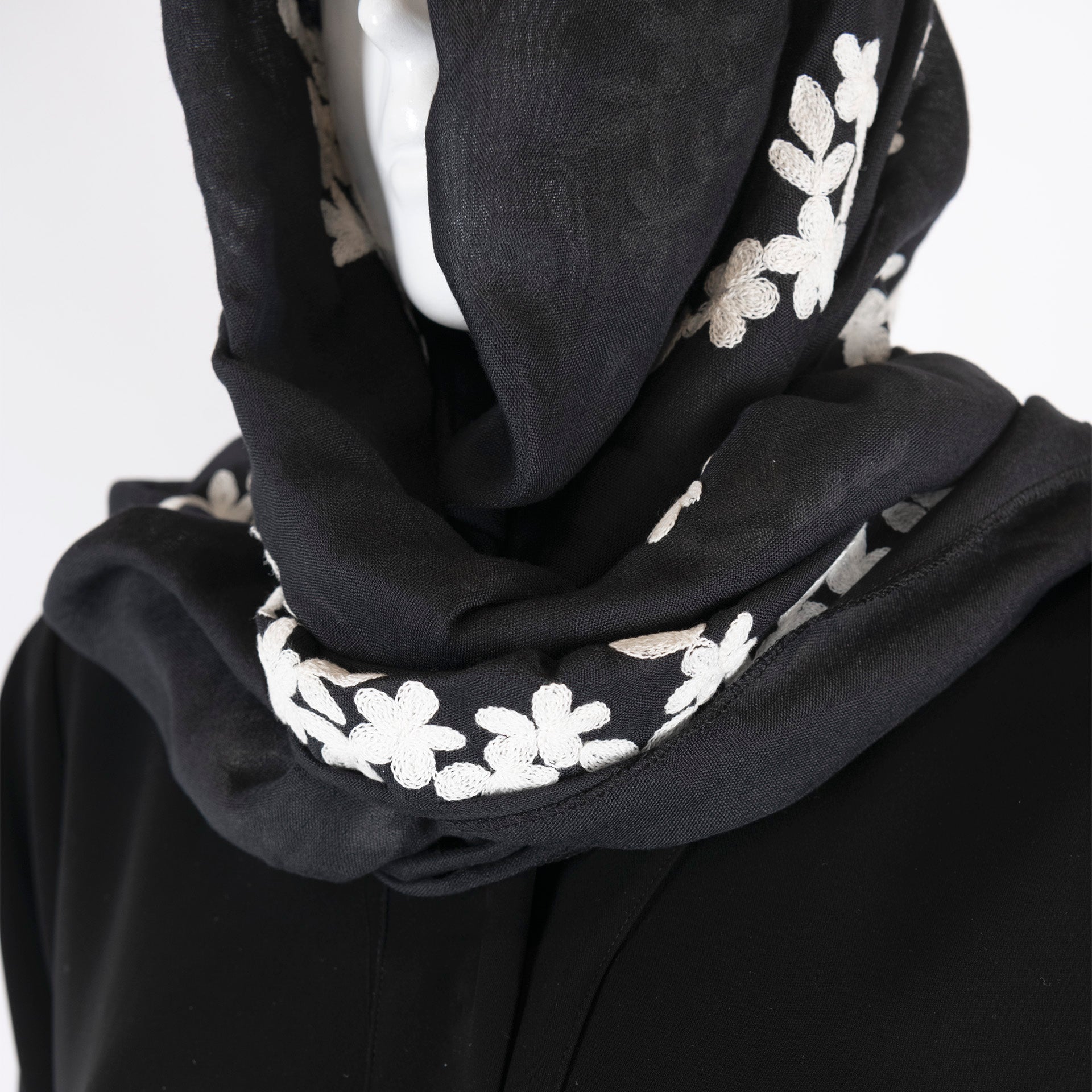 BLACK WOOL ABAYA WITH BEIGE FEATHERS SLEEVE END FROM DARZAH