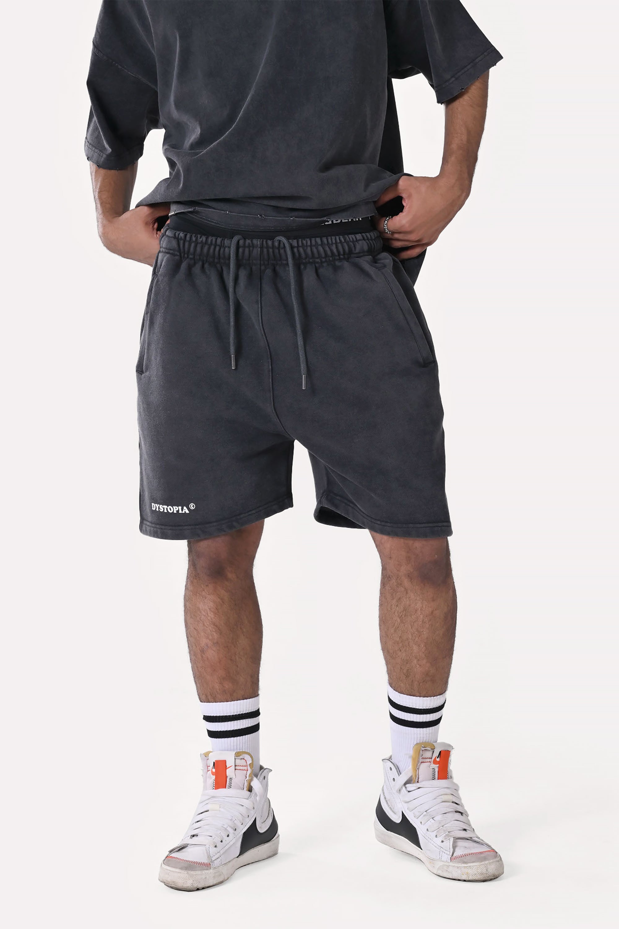 Grey Washed Printed Shorts by Dystopia