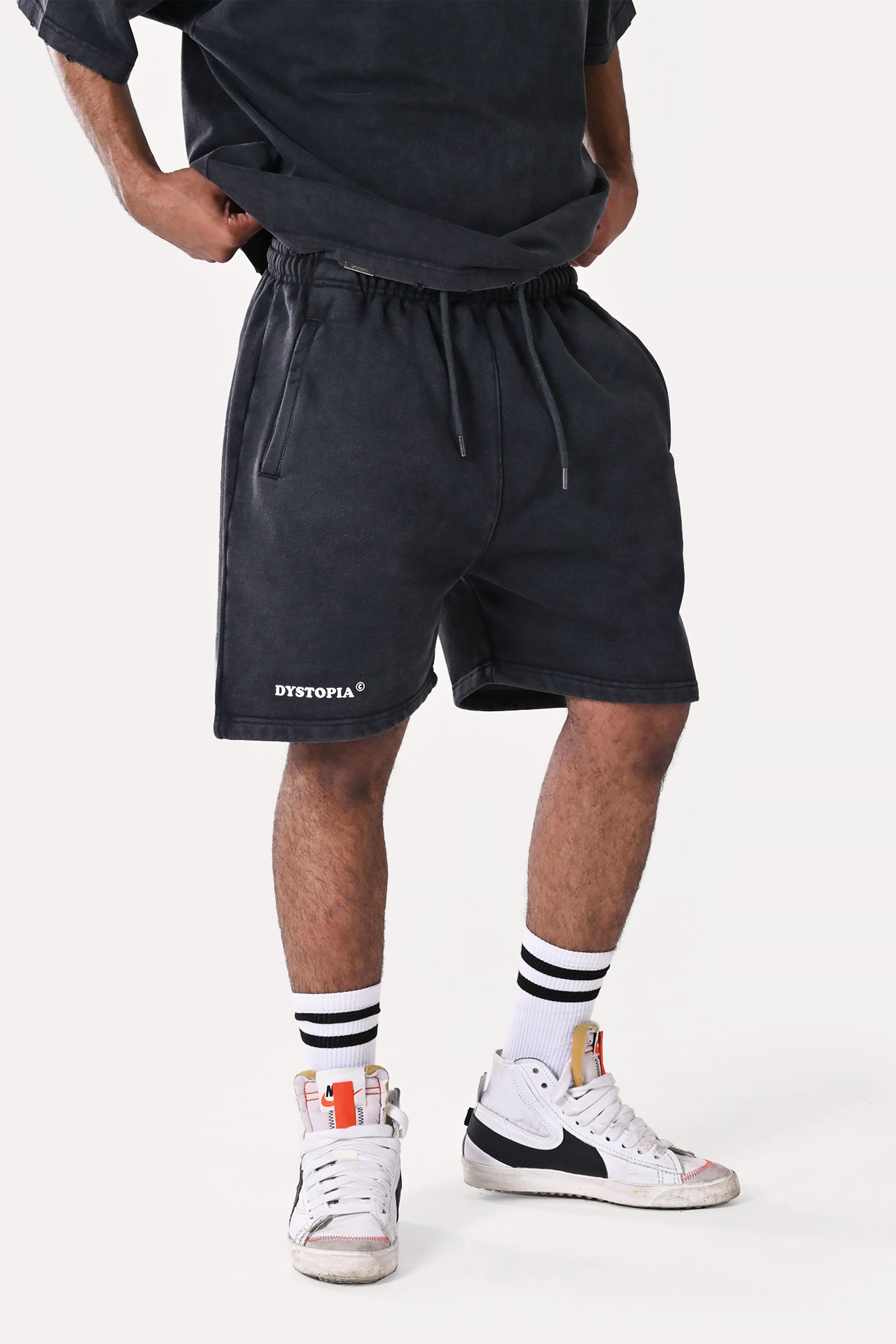 Grey Washed Printed Shorts by Dystopia