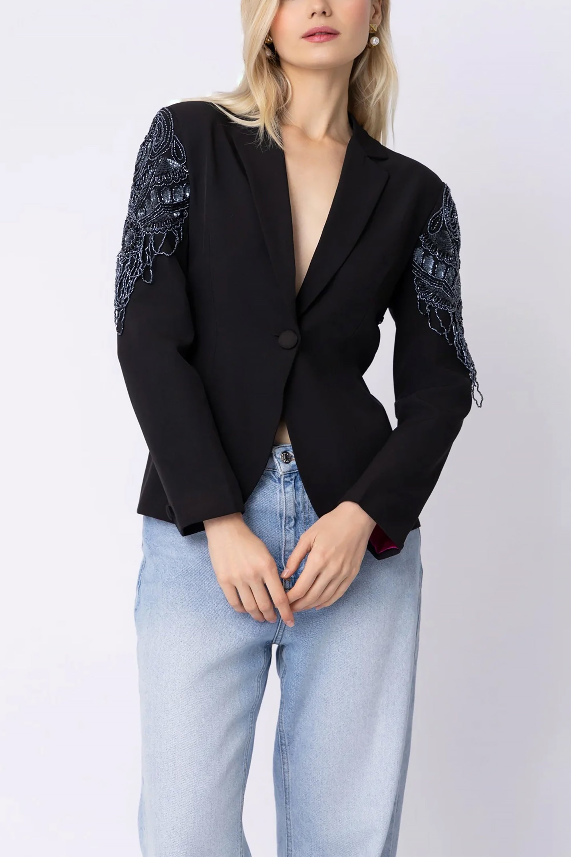Black Polyester Ebony Blazer by Raishma