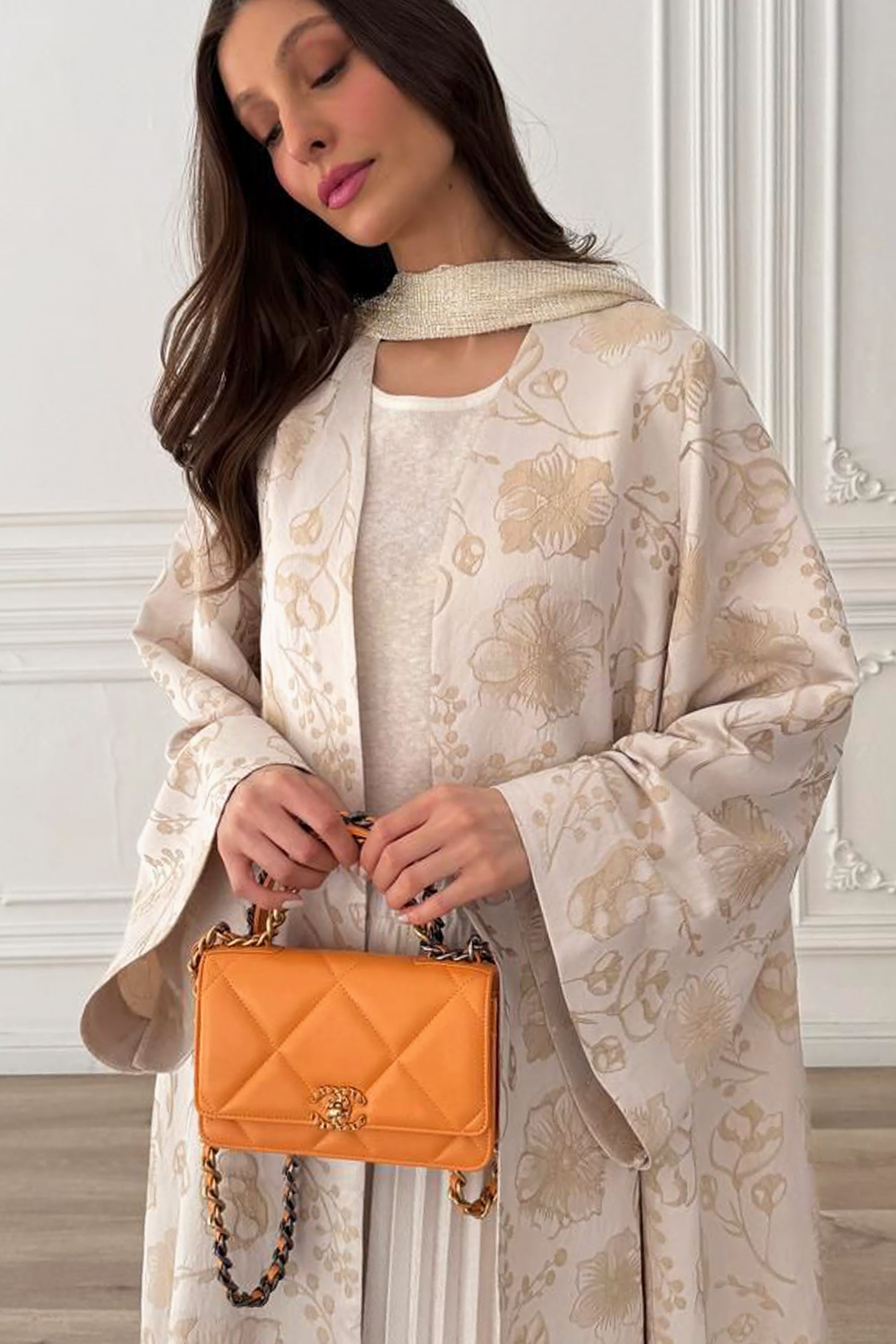 Beige Flower Jacquard Abaya by F.Lounge