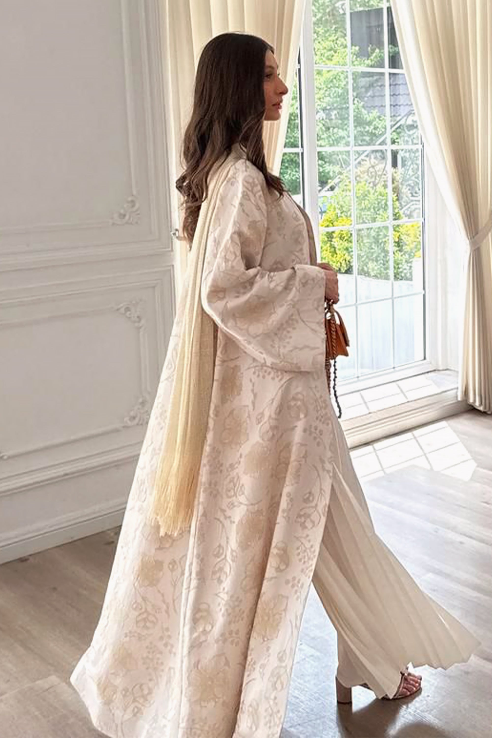 Beige Flower Jacquard Abaya by F.Lounge
