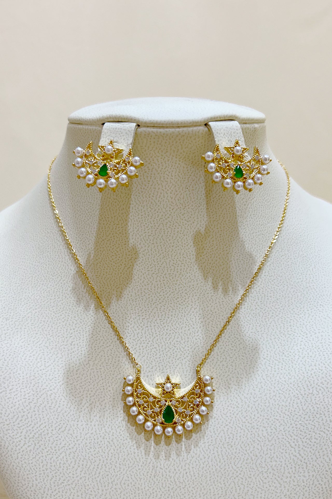 Gold Crescent Set of Necklace and Earrings by Azaleas