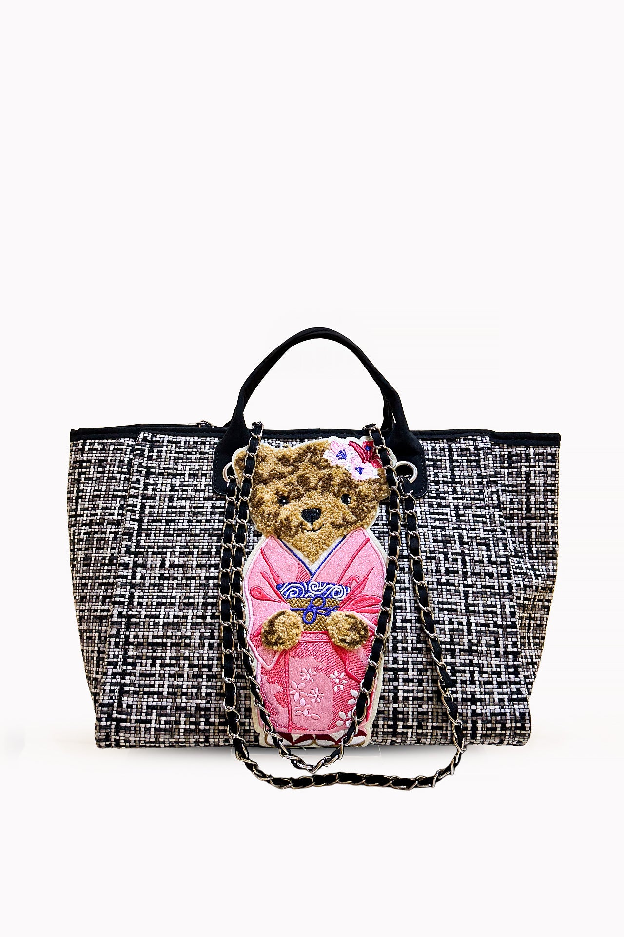 White/Black Woven Tote bag by Leather Boutique