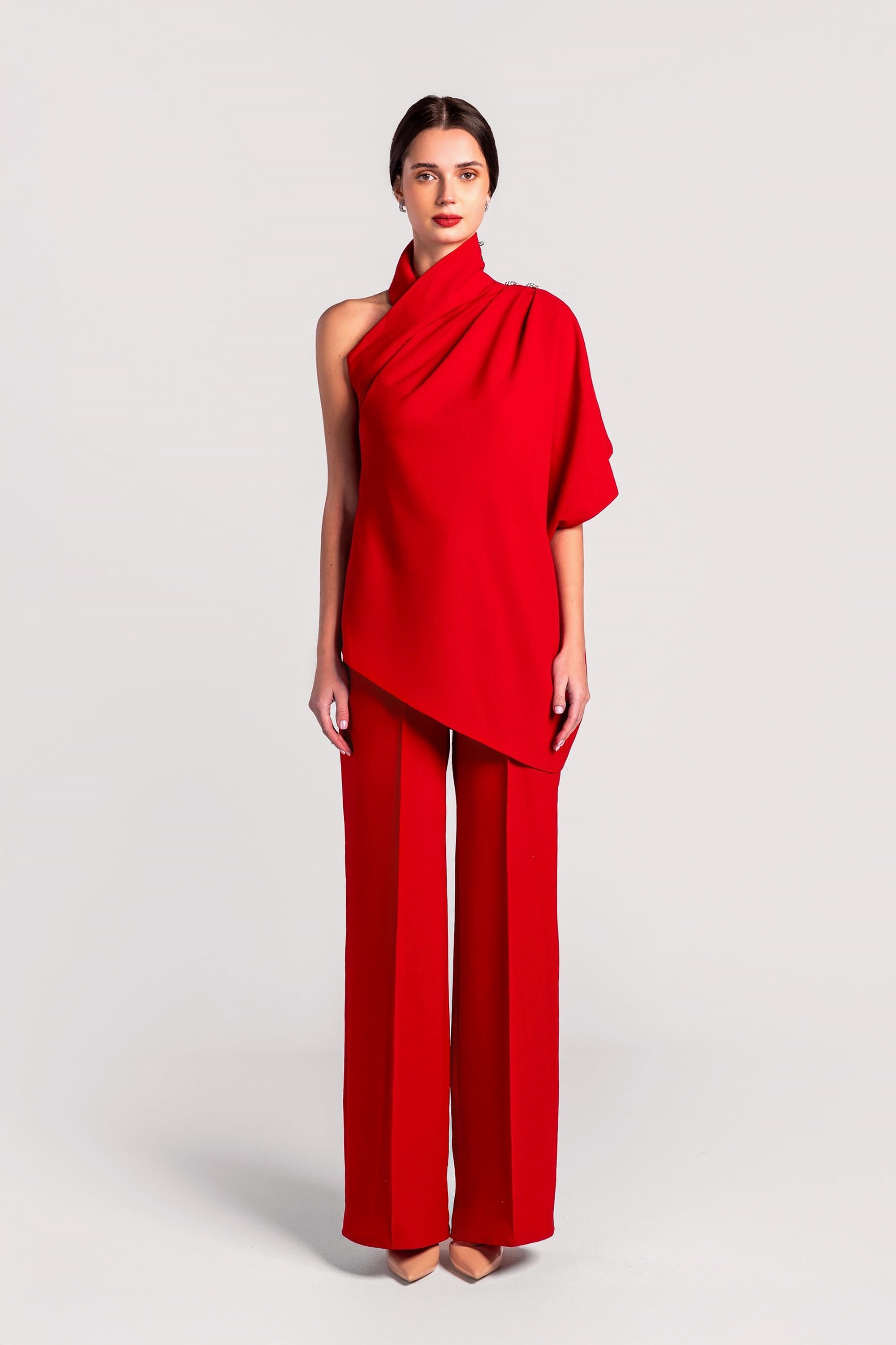 Red Isabellas Asymmetrical Pant Suit by Moonmains