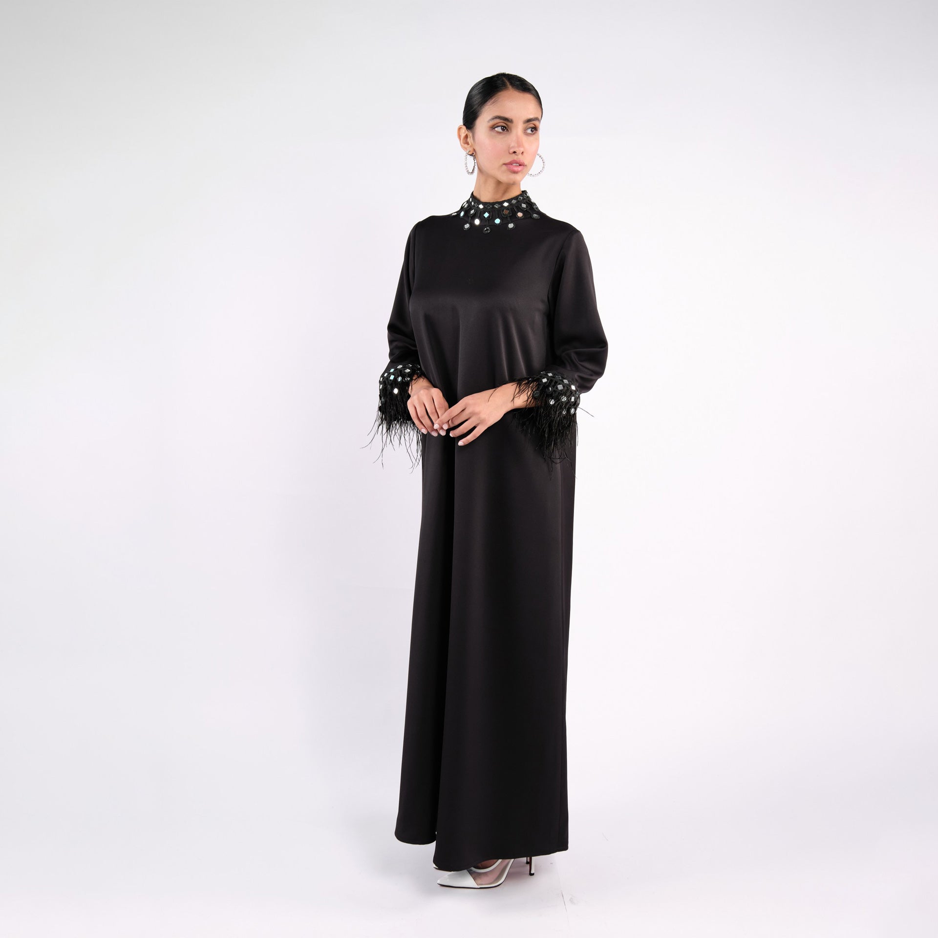 Black Plain Crepe Kaftan with Black Feather and Mirror Lace From Jouri By Rola