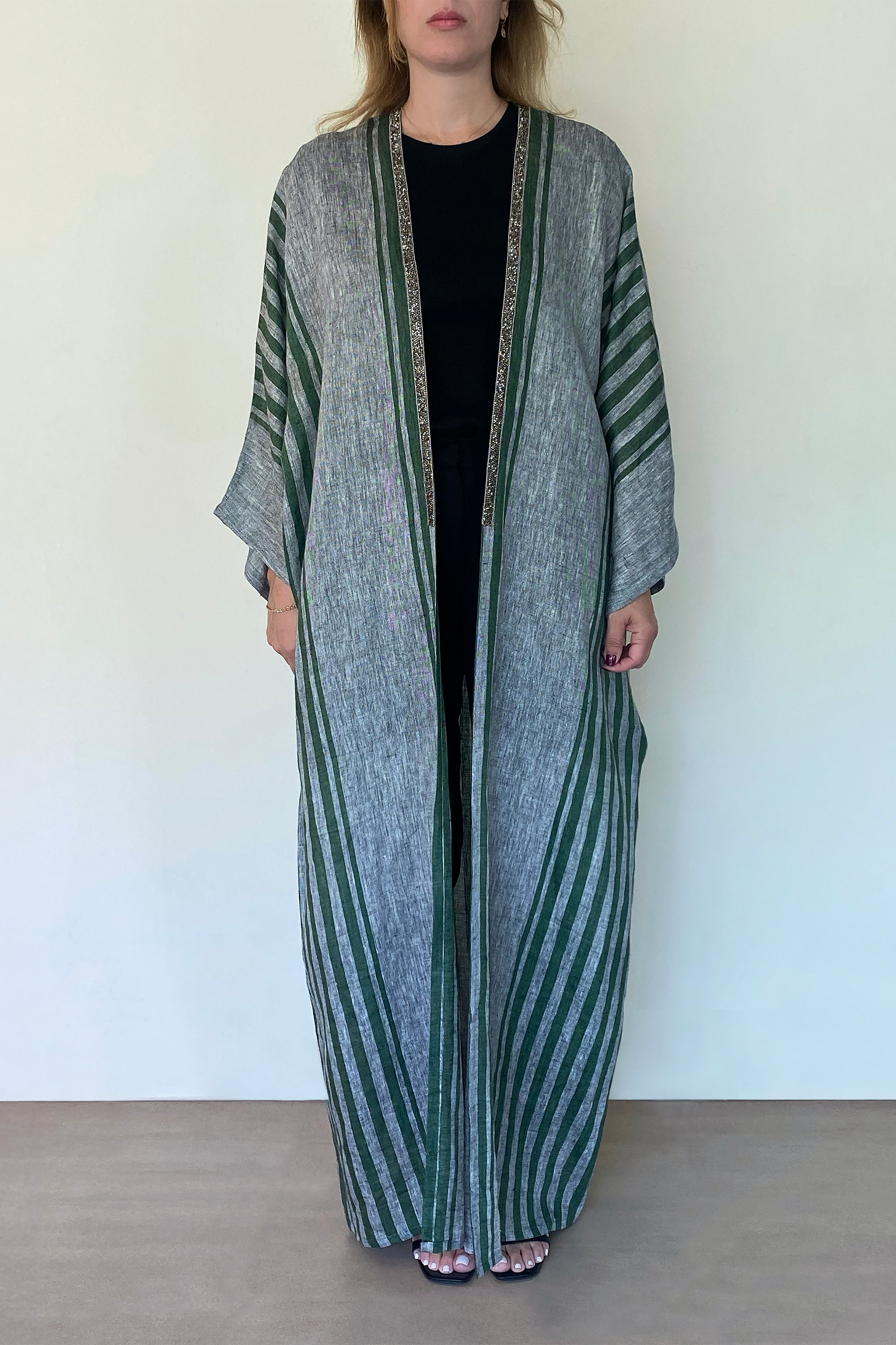 Grey & Green Linen Striped Abaya by Canava