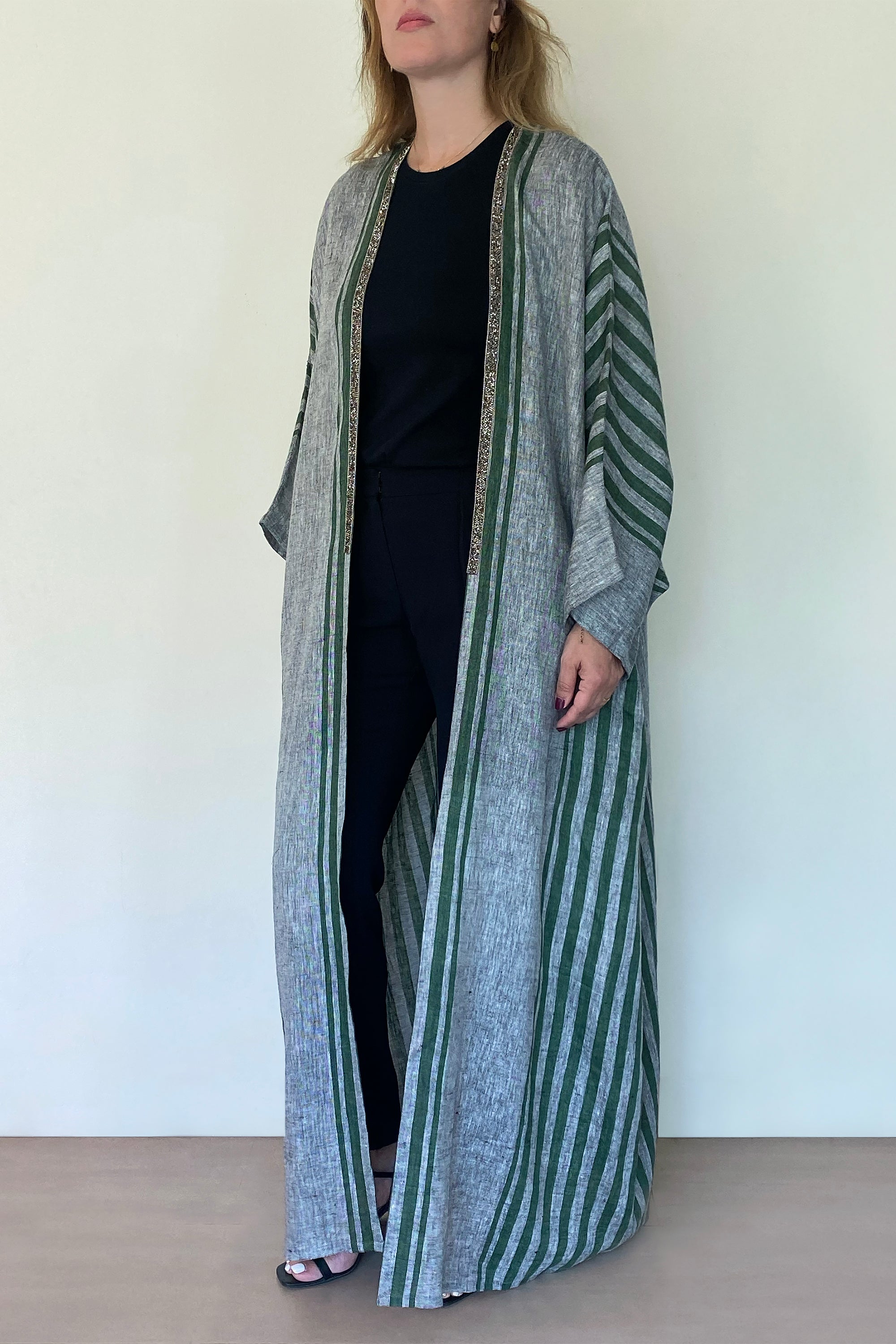 Grey & Green Linen Striped Abaya by Canava