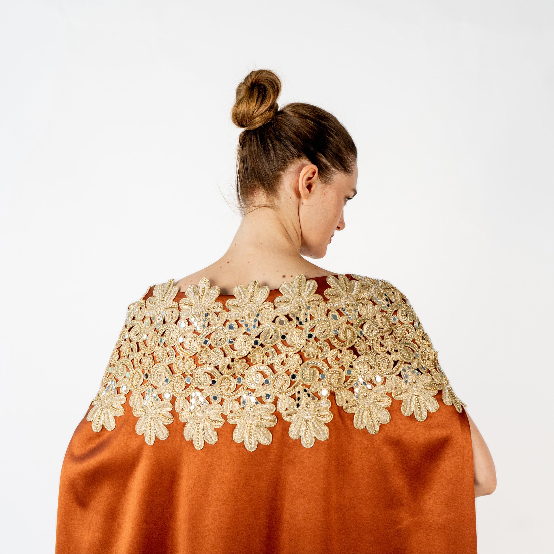 Brown Kaftan with Golden Embroidery On Chest and Shoulder From Jouri By Rola