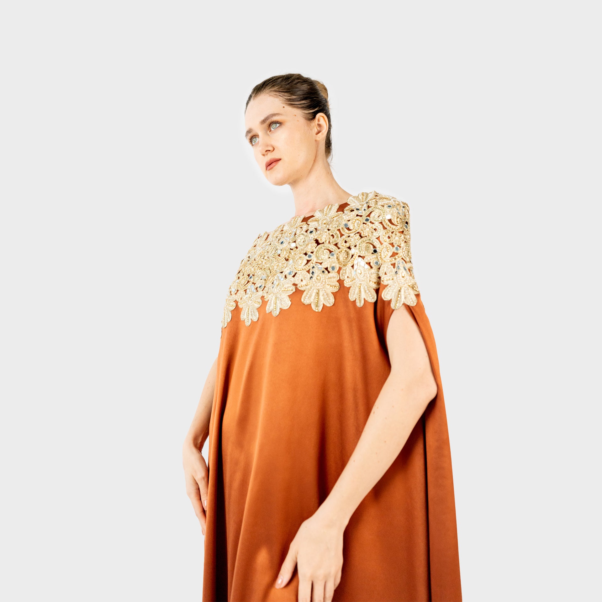 Brown Kaftan with Golden Embroidery On Chest and Shoulder From Jouri By Rola